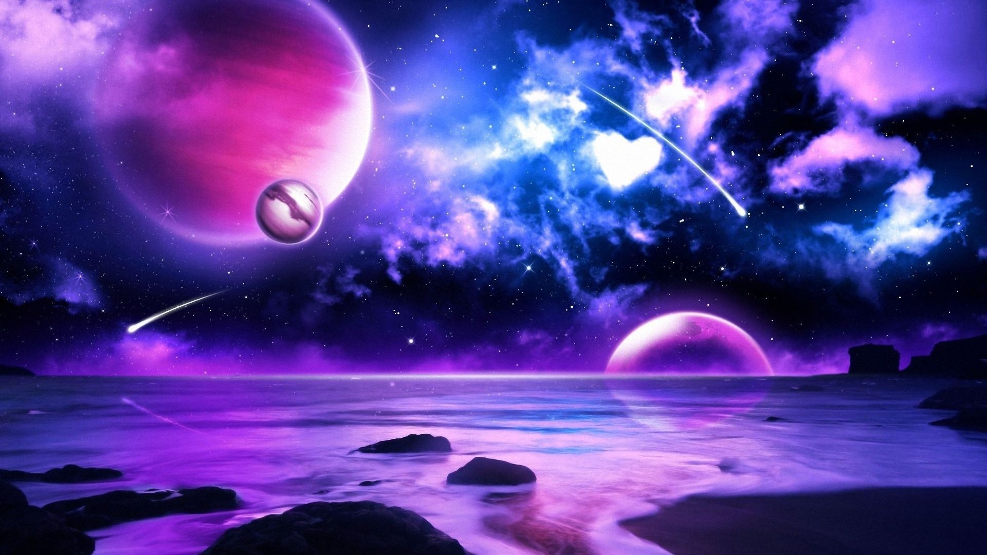 Planeten, Weltall, Nebel, Sternschnuppe, Lila, Sci-Fi, 16:9, Full-HD-Hintergrundbild für den Desktop