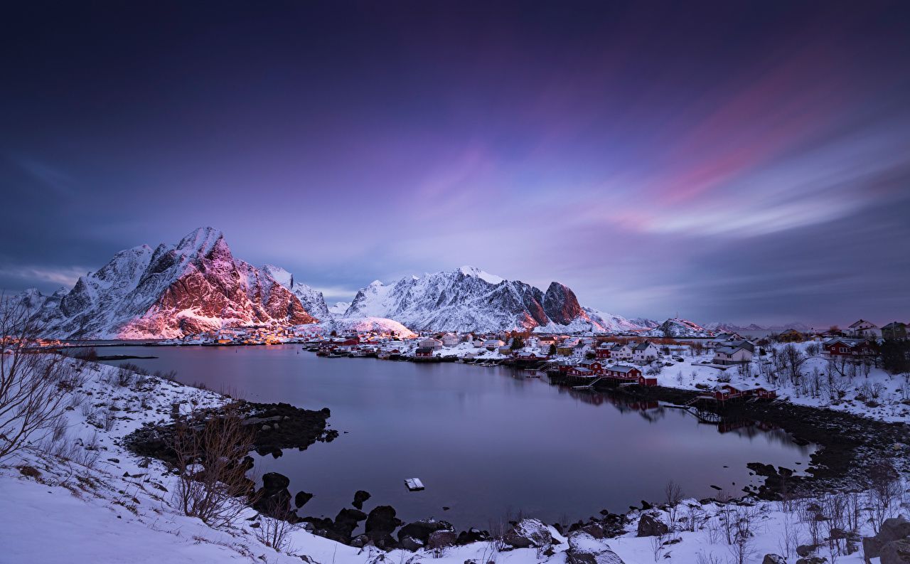 Lofoten, Norwegen, Schneeberge, Fjord, Winter, 16:10, HD-Hintergrundbild für den Desktop