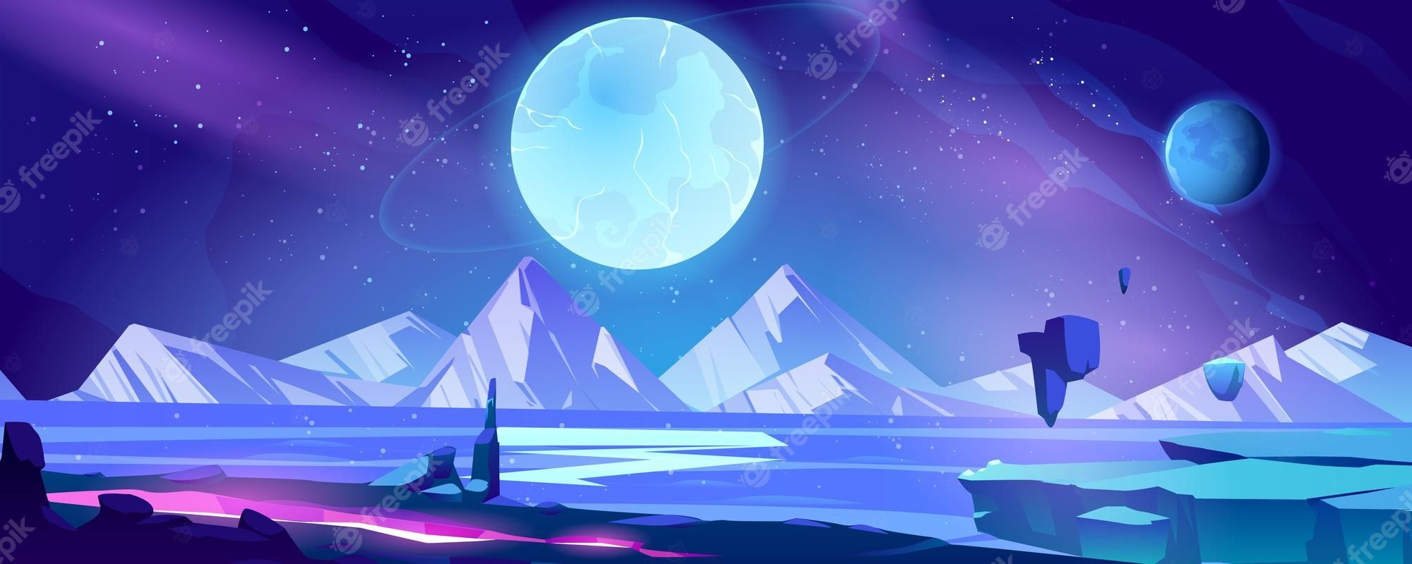 Vollmond, Berge, Flaches Design, Lila, Vektorgrafik, Full HD, Desktop-Hintergrund für Windows