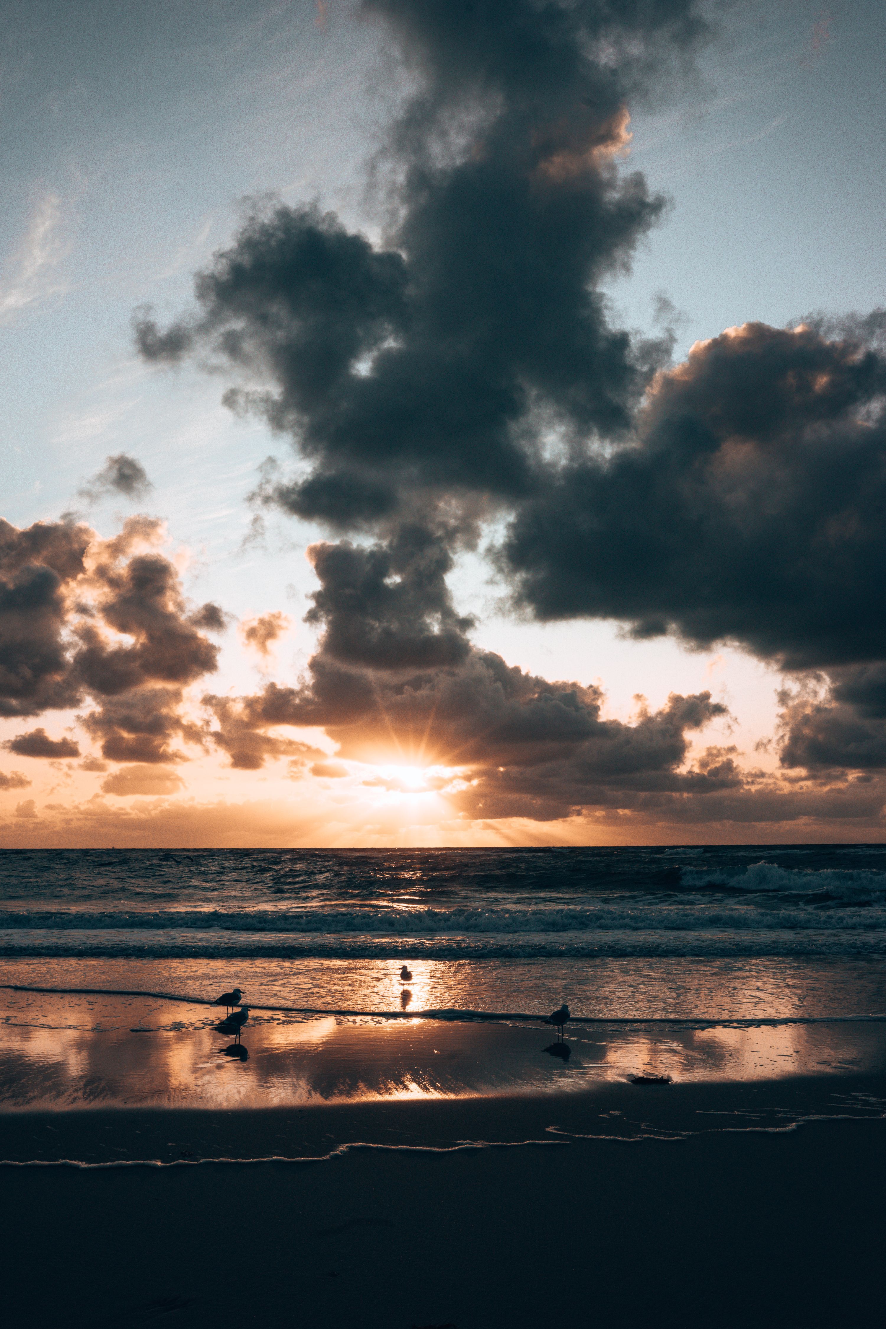 Sonnenuntergang, Meer, Wolken, Strand, Dunkel, QHD+, Handy-Hintergrund im Hochformat