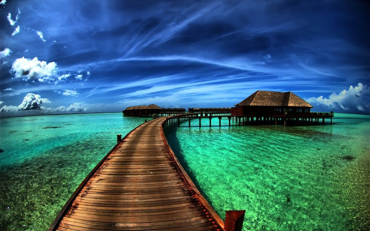 Holzsteg, Wasserbungalows, Türkises Wasser, Wolken, Tropen, HD, Windows-Hintergrundbild
