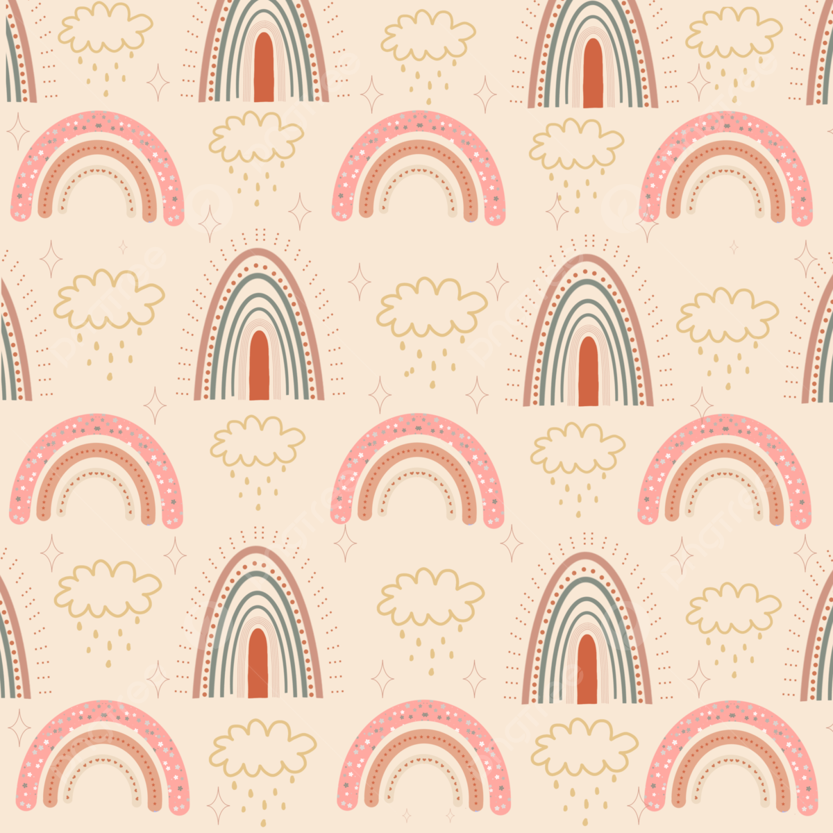 Regenbogen, Wolken, Muster, Boho, Pastell, Beige, Hintergrundbild für iPad und Tablet