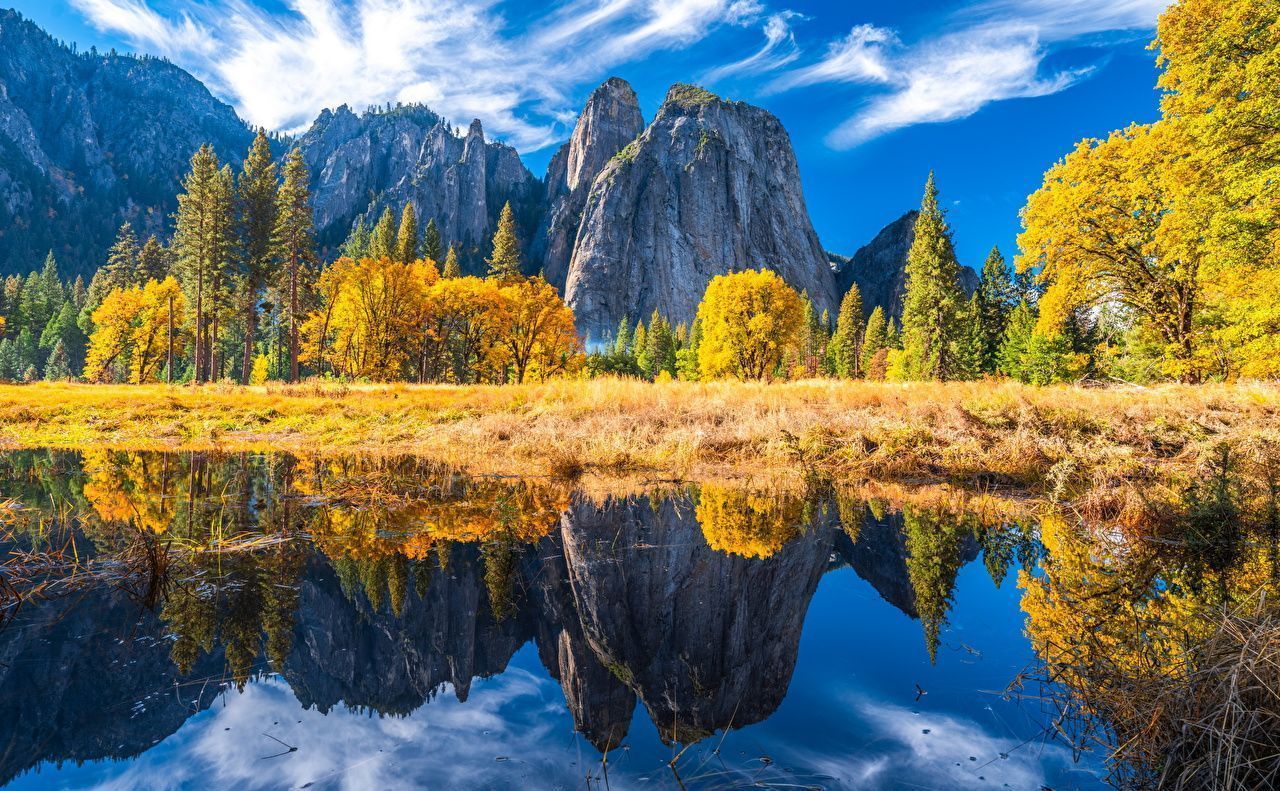 Yosemite-Nationalpark, Herbstbäume, Spiegelung, Felsen, Fluss, HD, Breitbild-Hintergrundbild