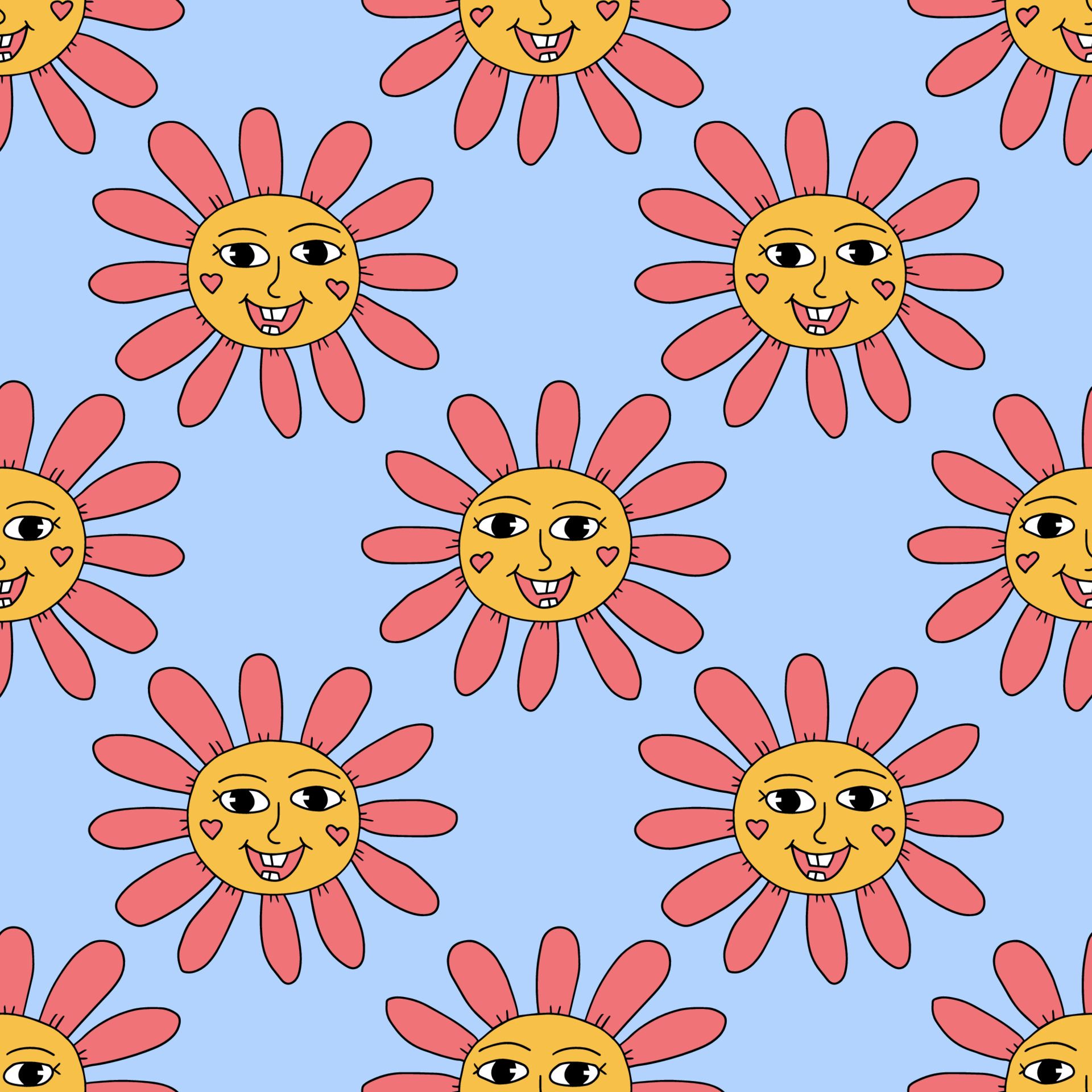 Sonnenblumen, Lächelnde Blumen, Muster, Retro, Blau Hintergrund, Full HD Wallpaper