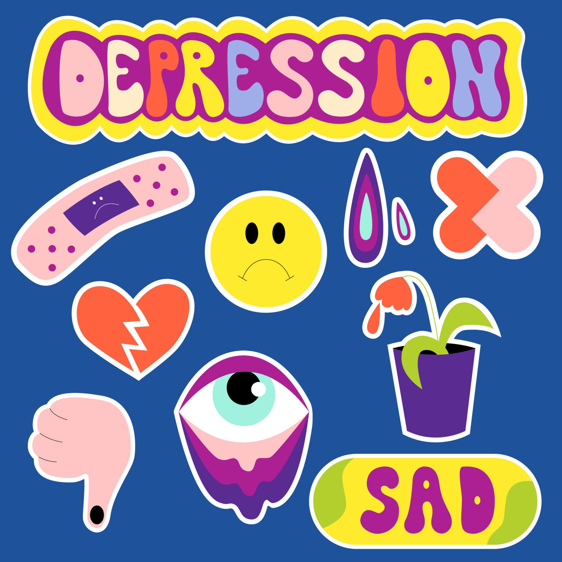 Depression, Sticker, Gebrochenes Herz, Sad, Blauer Hintergrund, Full HD Wallpaper