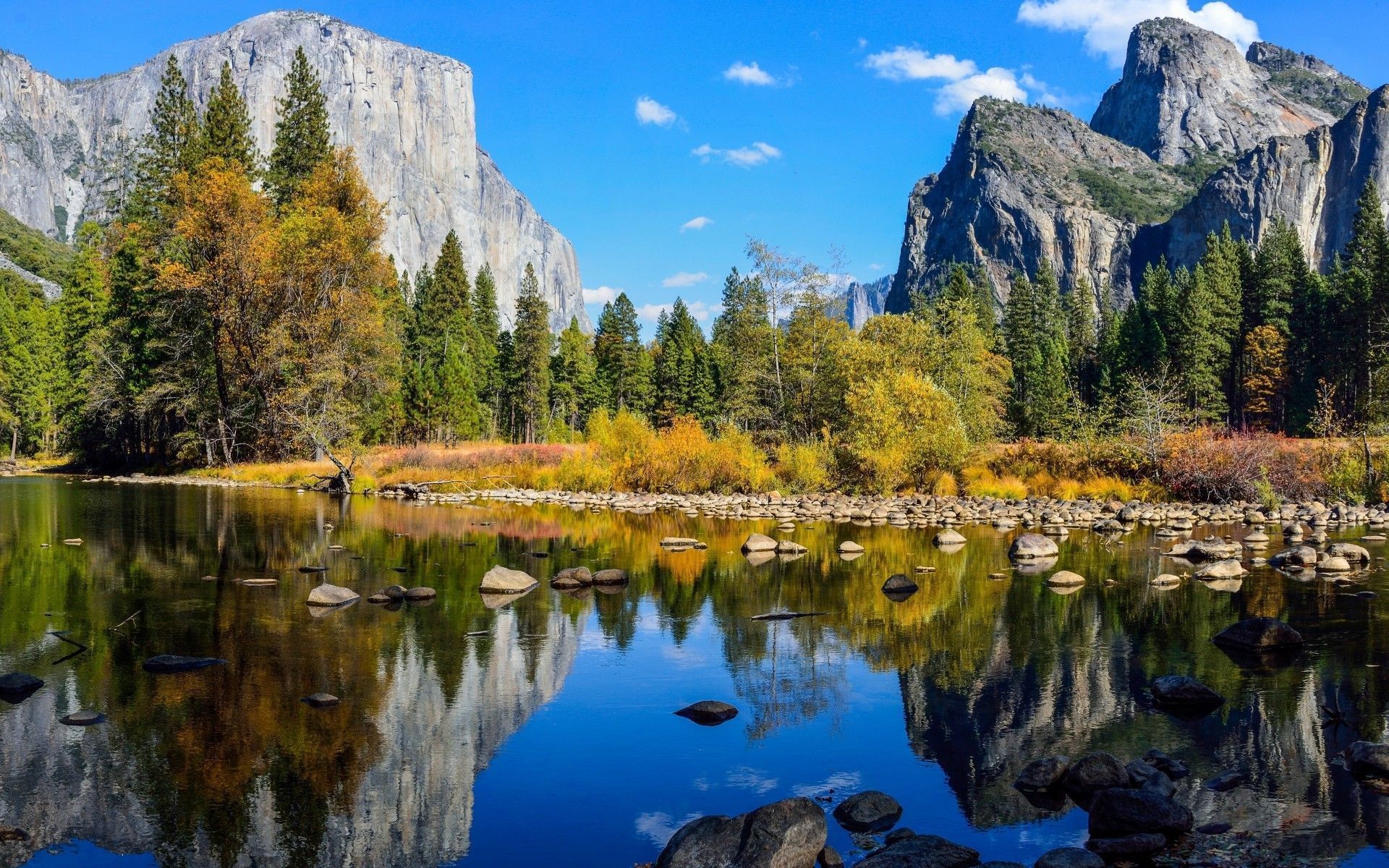 El Capitan, Yosemite-Nationalpark, Merced River, Kalifornien, Herbst, Spiegelung, Full-HD-Hintergrundbild