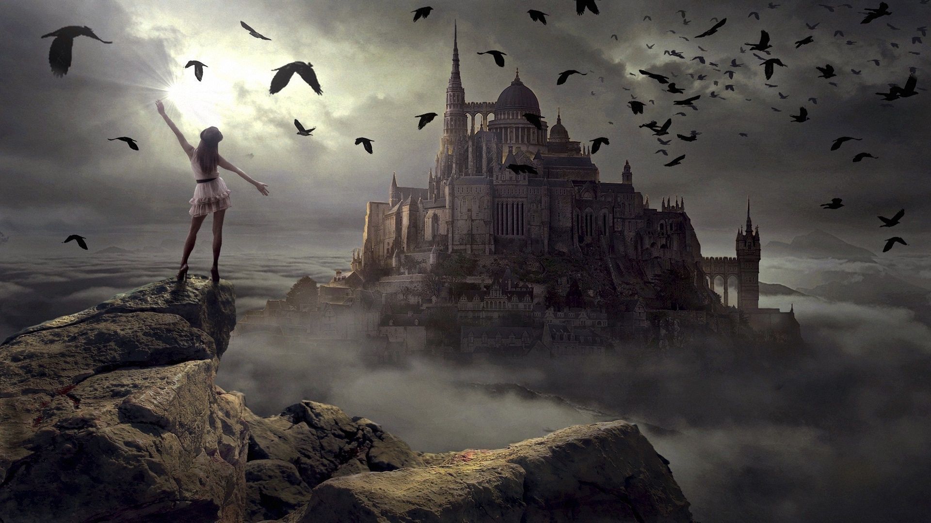 Fantasy-Burg, Frau, Vögel, Nebel, Düster, 1920x1080, Full-HD-Hintergrundbild für PC