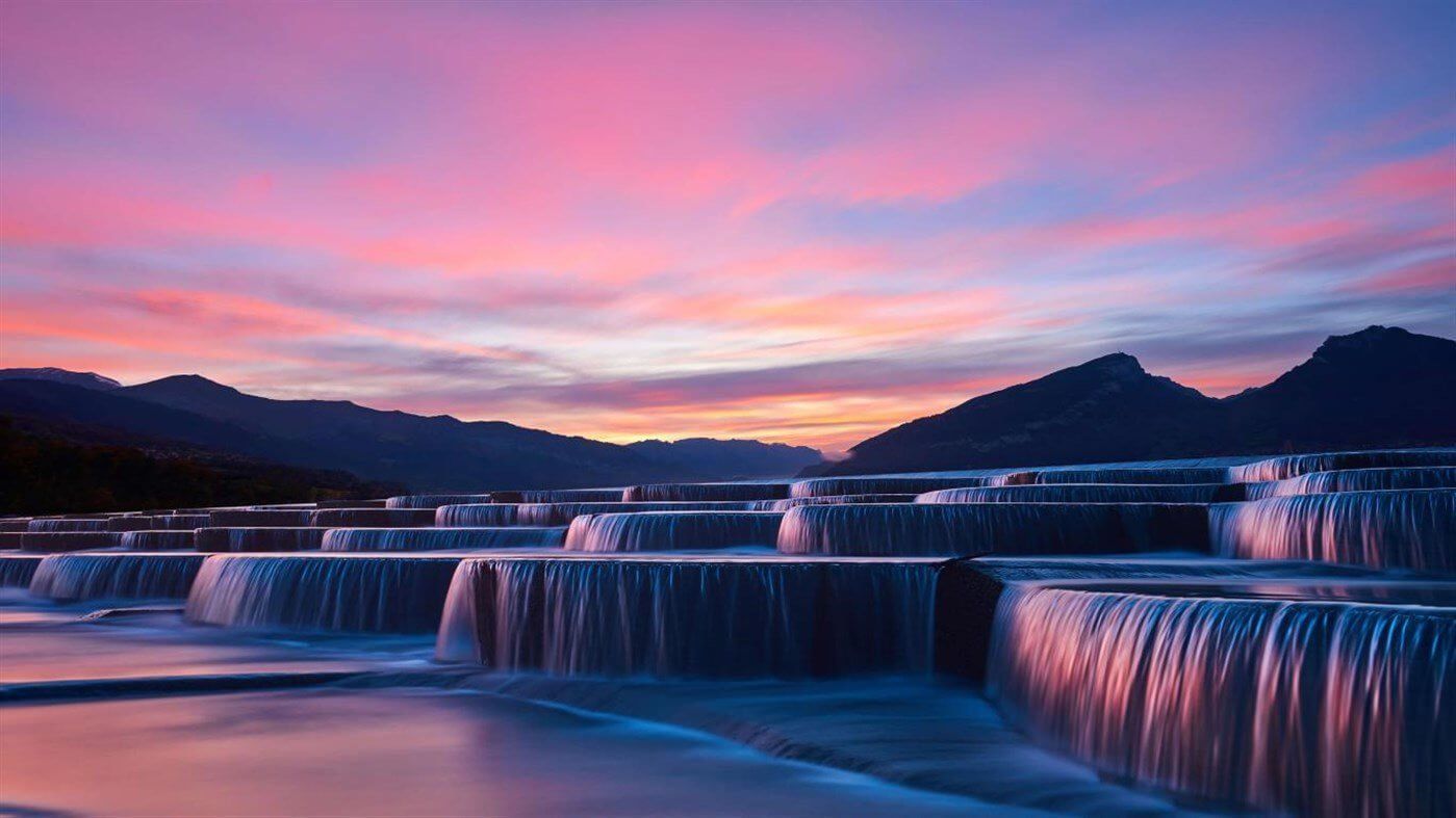 Sinterterrassen, Wasserfälle, Abendrot, Rosa Himmel, Berge, Langzeitbelichtung, HD-Hintergrund