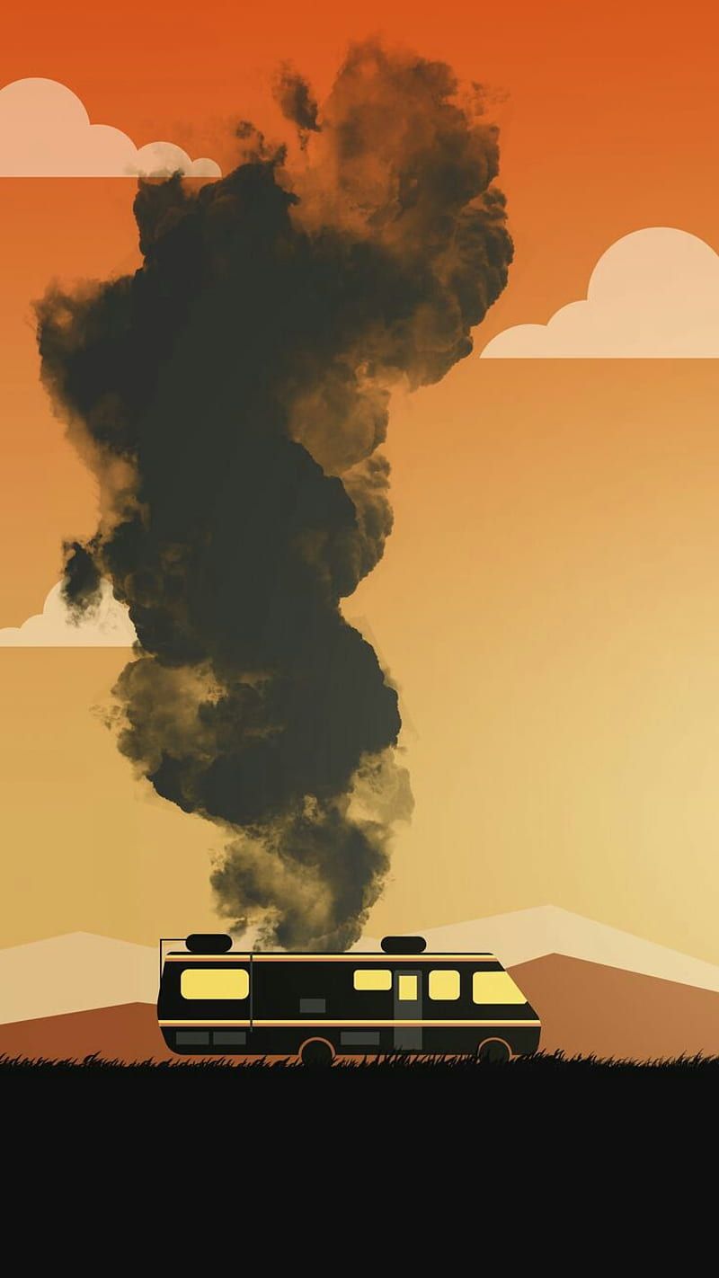 Breaking Bad, Wohnmobil, Rauchsäule, Illustration, Orangefarbener Himmel, Android-Hintergrundbild