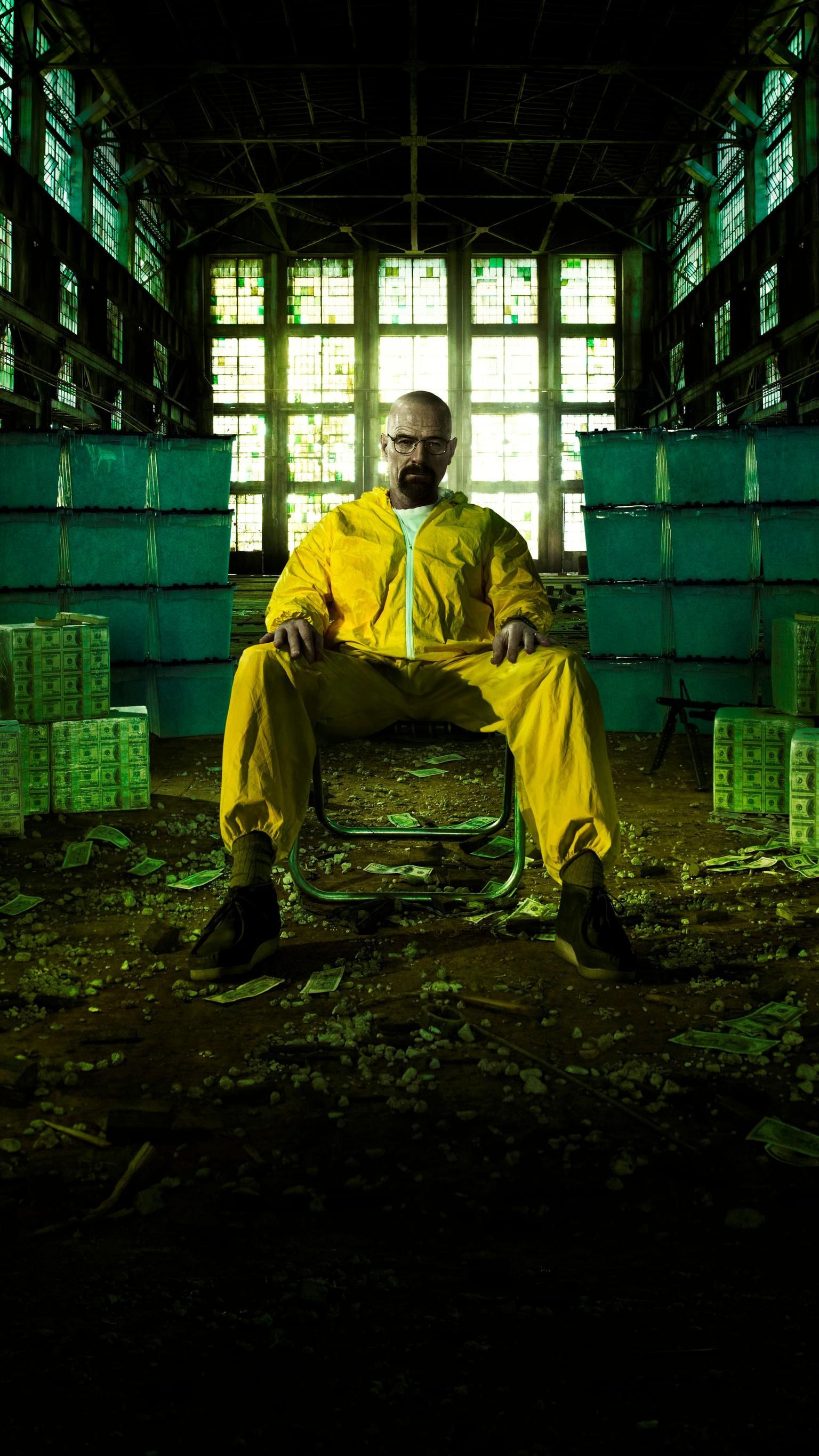 Walter White, Breaking Bad, Schutzanzug, Geldstapel, Lagerhalle, QHD+, Handy-Hintergrund