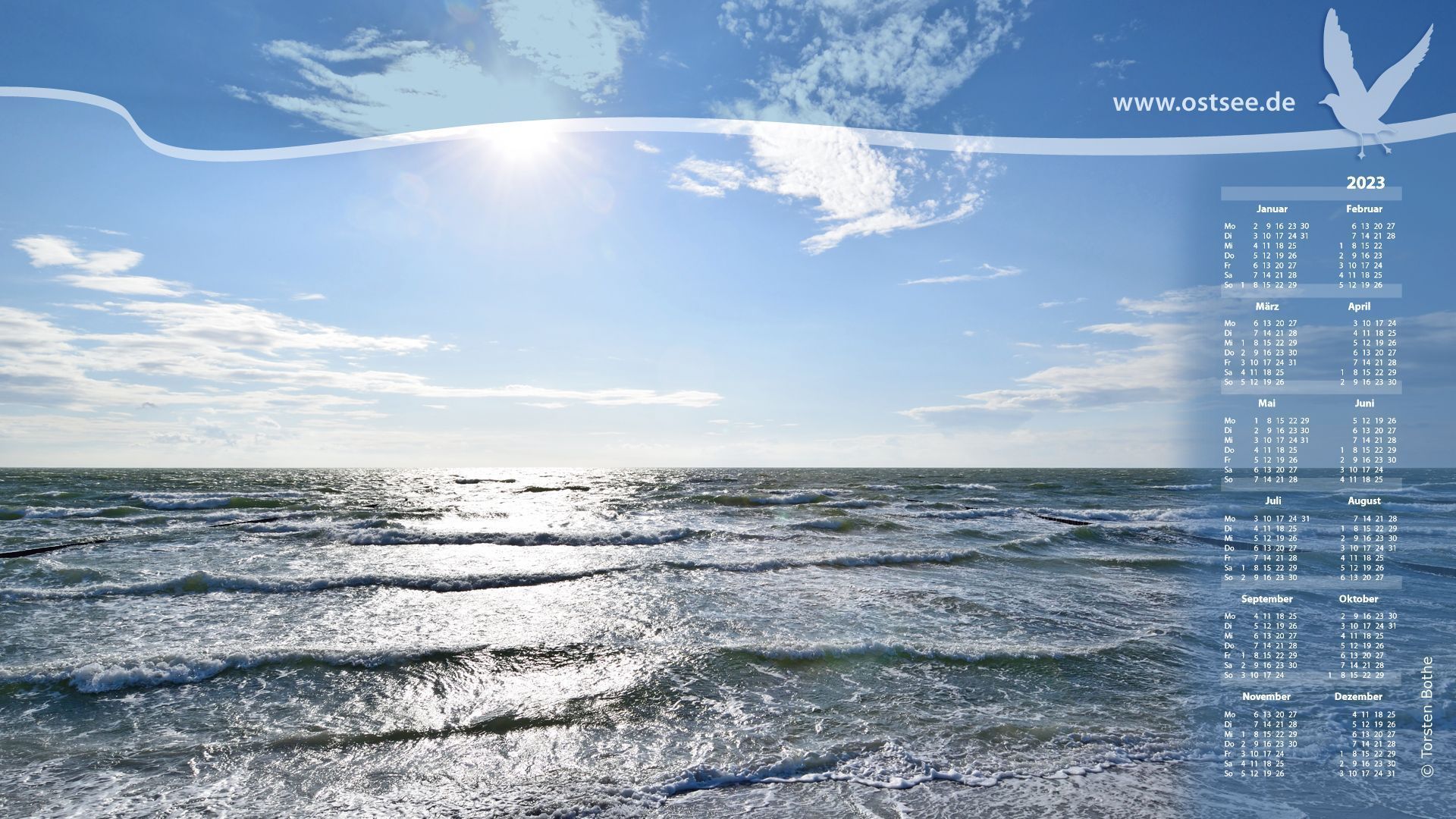 Ostsee, Kalender, Meer, Sonnenlicht, Wellen, 16:9, Full-HD-Hintergrundbild für den Desktop