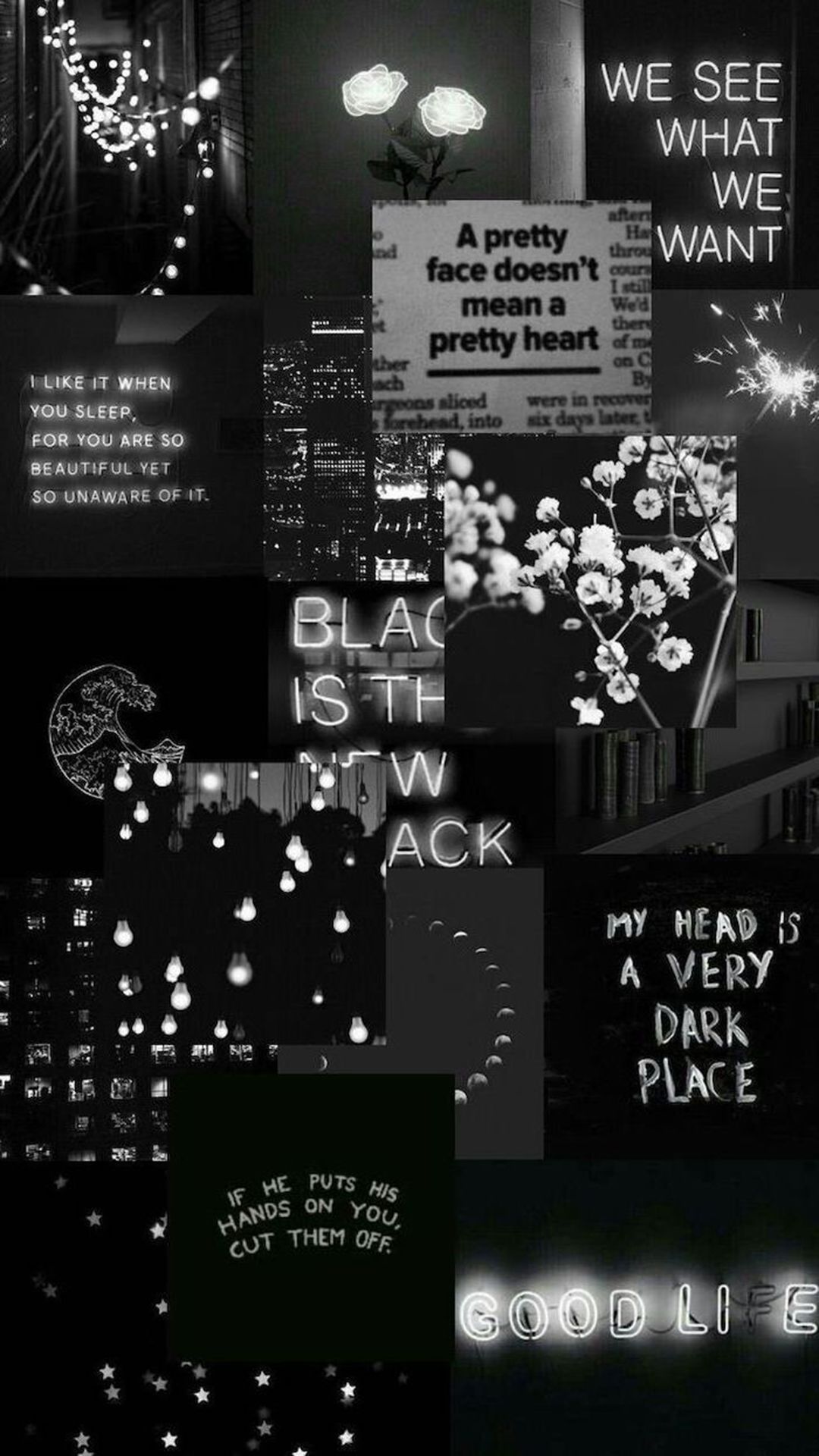 Dark Aesthetic, Collage, Schwarz-Weiß, Sprüche, Full HD, Sperrbildschirm fürs iPhone