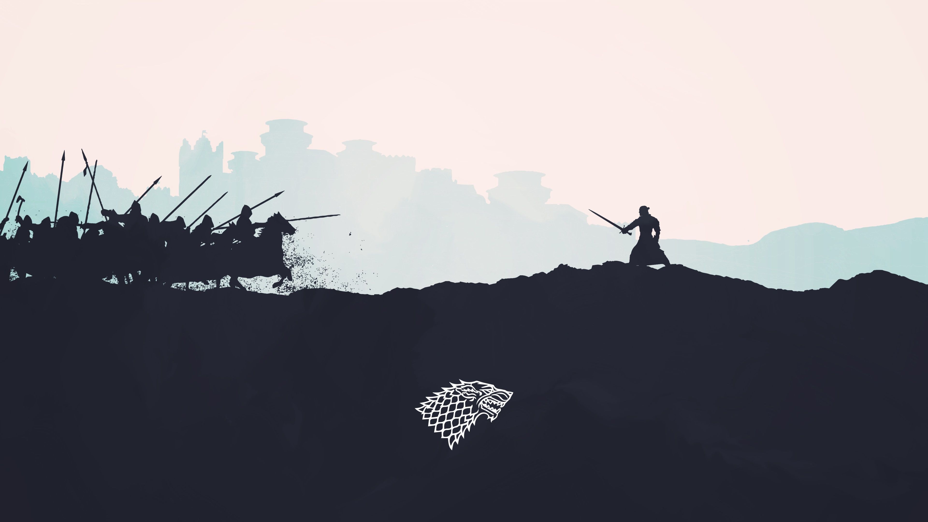 Jon Schnee, Schlacht der Bastarde, Haus Stark, Schattenwolf, Silhouette, Minimalistisch, 2160p Wallpaper