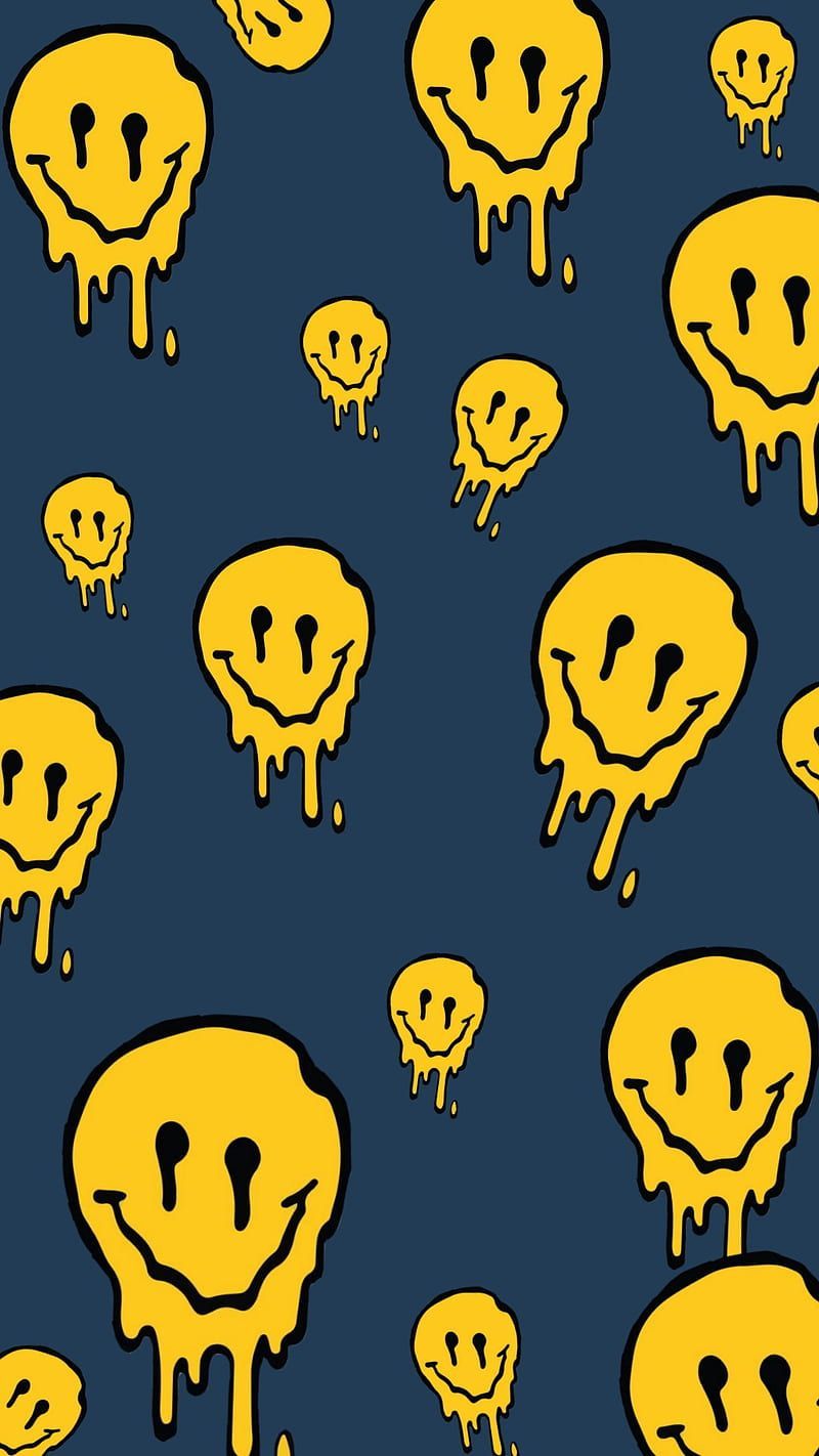 Schmelzende Smileys, Gelb, Dunkelblau, Muster, Grunge, Hintergrundbild für iPhone und Android