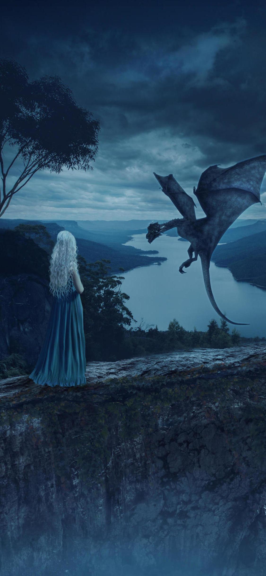 Daenerys Targaryen, Drache, Game of Thrones, Nacht, Blaue Töne, 1125x2436, Handy-Hintergrund