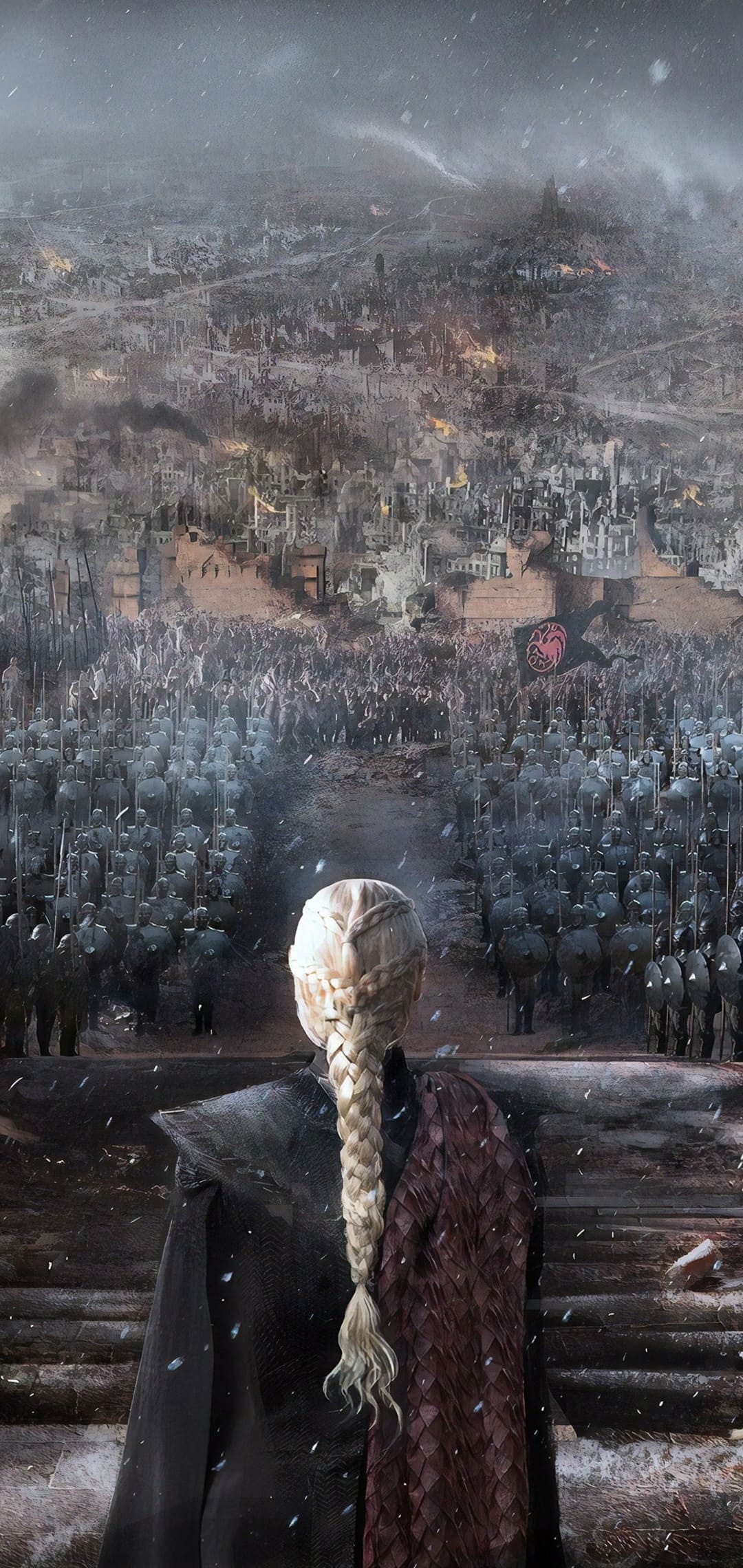 Daenerys Targaryen, Königsmund, Game of Thrones, Rückenansicht, Zerstörte Stadt, Hochformat-Hintergrundbild