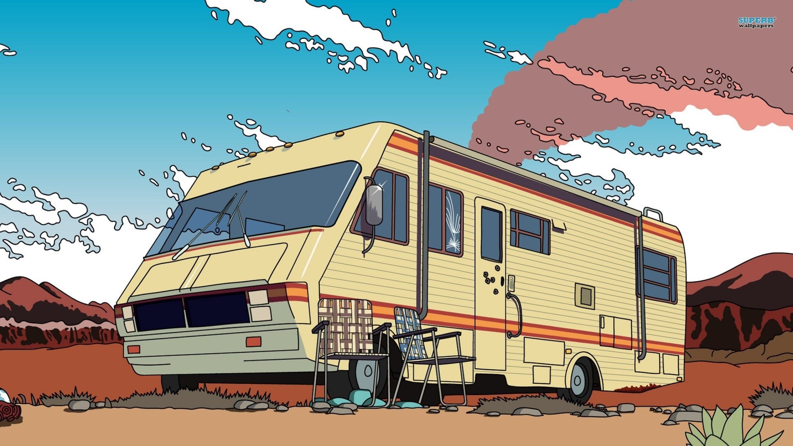 Breaking Bad, Wohnmobil, Illustration, Wüste, Comic-Stil, 2K, Windows-Hintergrundbild
