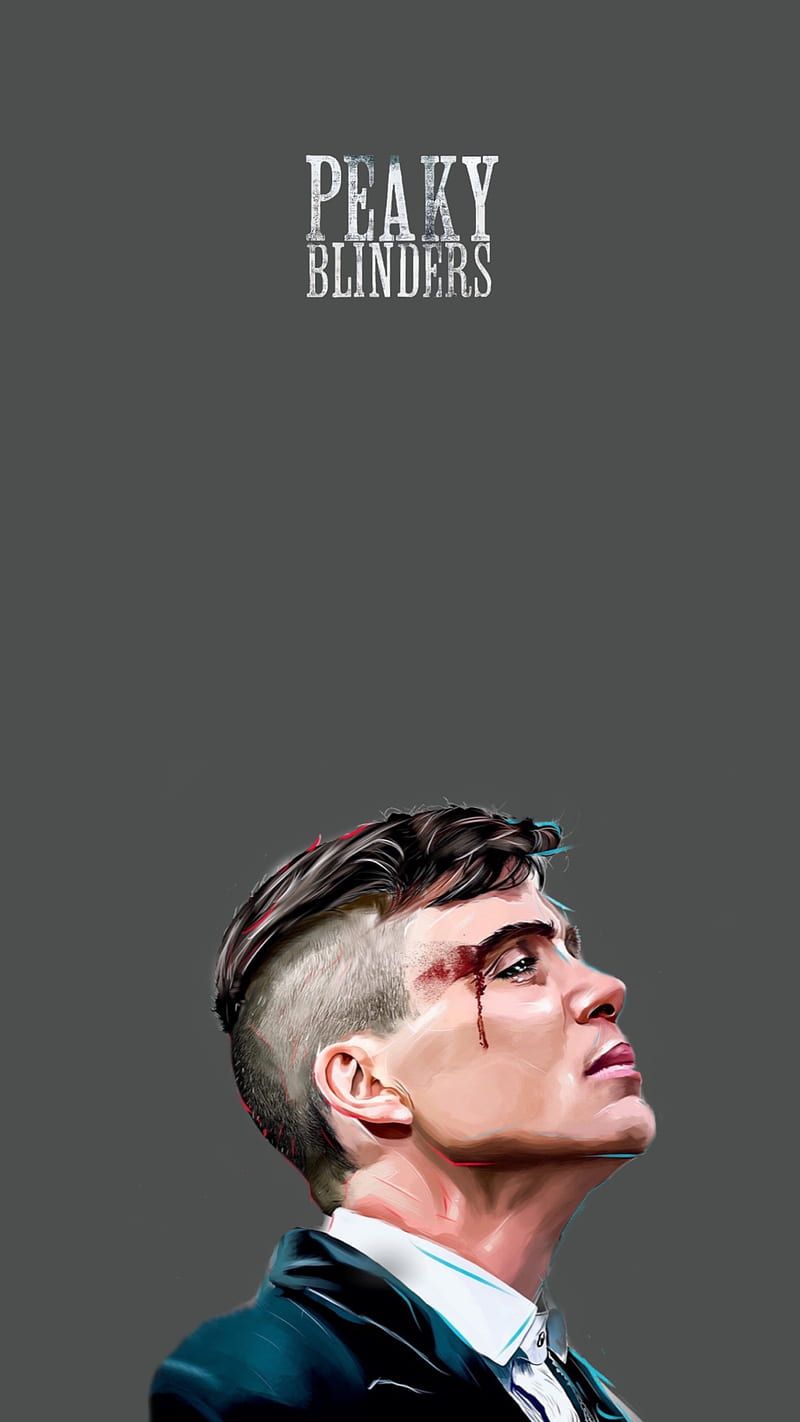 Thomas Shelby, Cillian Murphy, Peaky Blinders, Schriftzug, Grauer Hintergrund, Sperrbildschirm