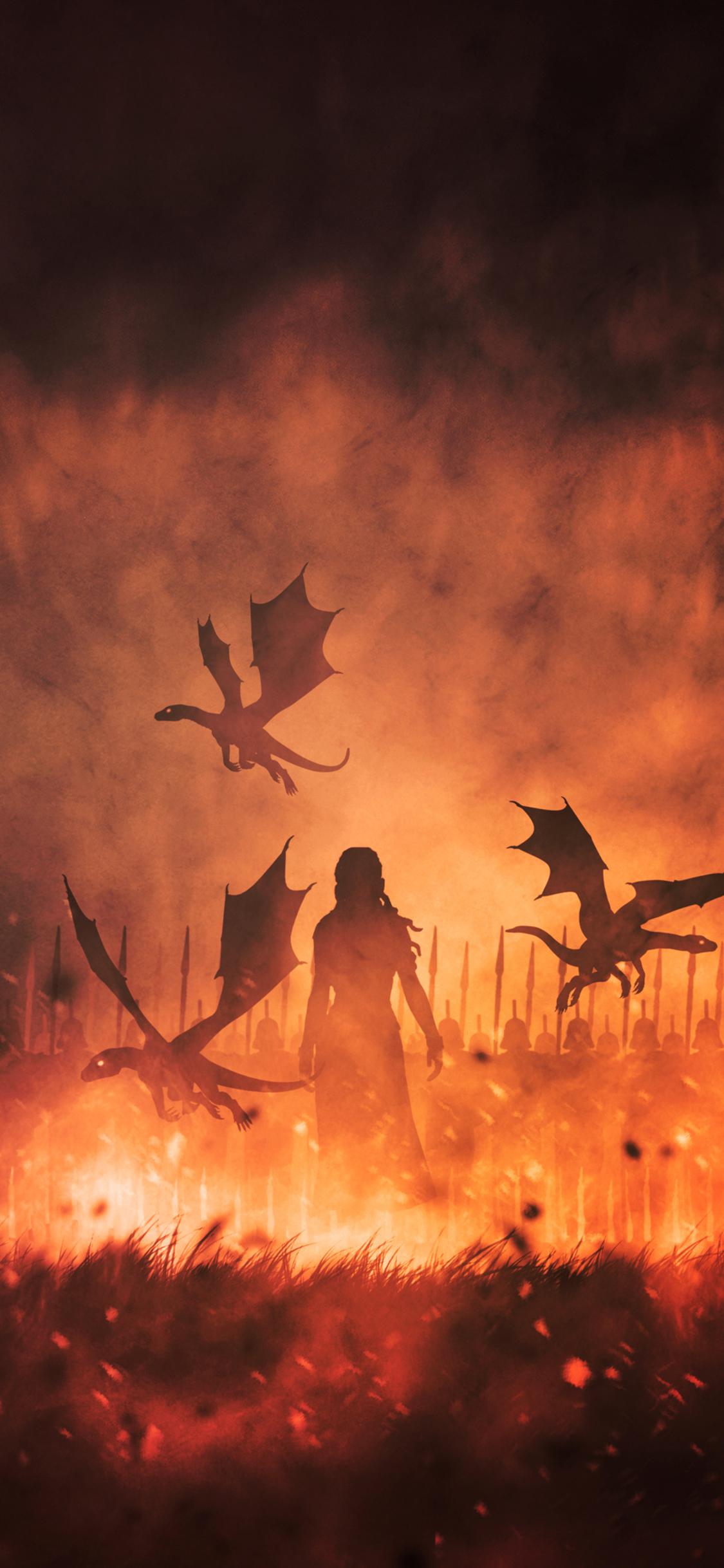 Daenerys Targaryen, Drachen, Game of Thrones, Feuer, Silhouette, Full HD, Handy-Hintergrundbild