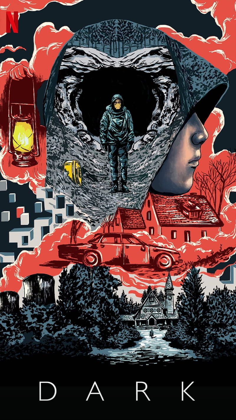 Dark, Poster, Höhle, Rot und Blau, Illustration, Hochformat, Hintergrundbild fürs Smartphone