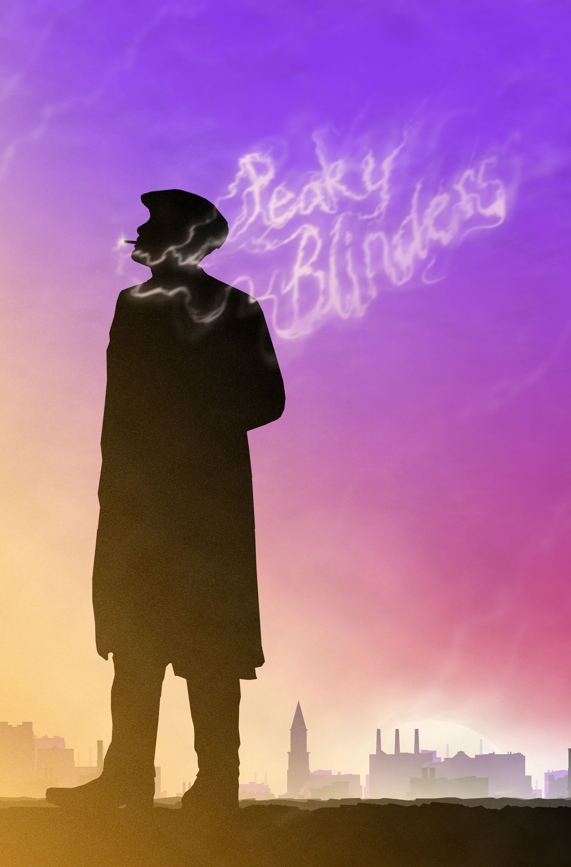 Thomas Shelby, Peaky Blinders, Silhouette, Schriftzug, Lila Himmel, Sonnenuntergang, Hochformat-Hintergrundbild