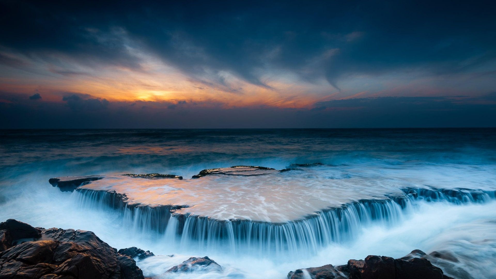 Meer, Felsenküste, Wellen, Langzeitbelichtung, Dämmerung, 1920x1080, Desktop-Hintergrund