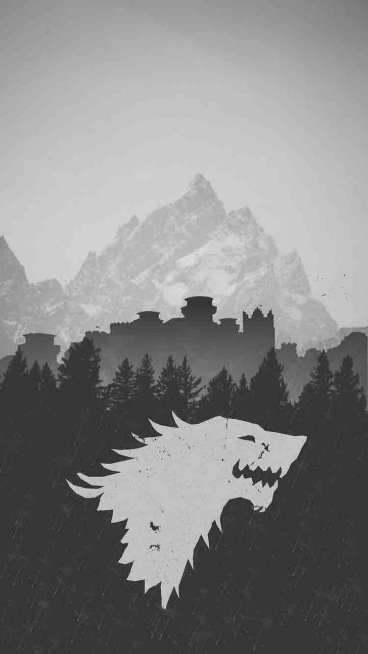 Haus Stark, Schattenwolf, Game of Thrones, Berge, Schwarzweiß, Sperrbildschirm fürs iPhone
