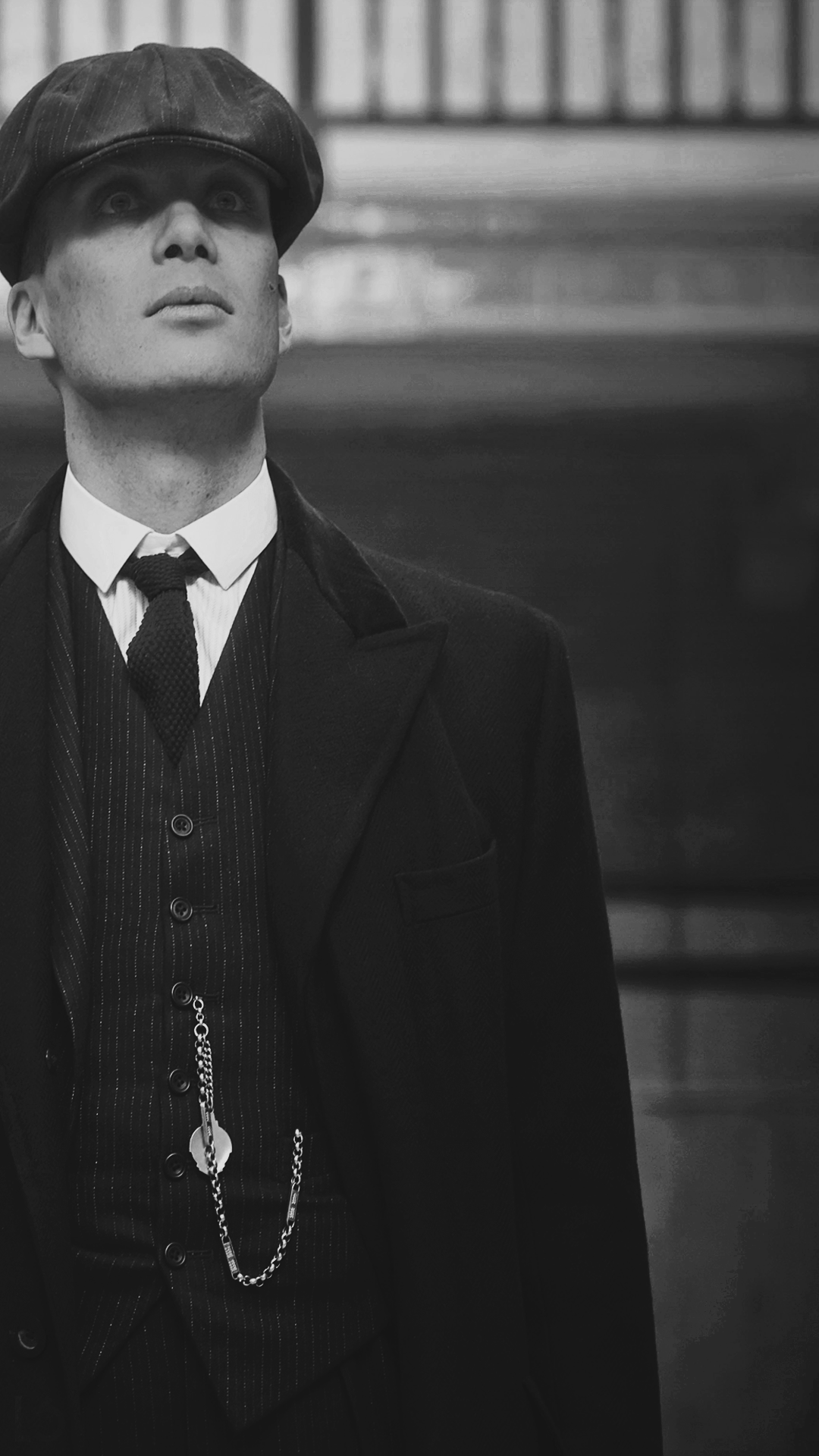 Thomas Shelby, Cillian Murphy, Peaky Blinders, Taschenuhrkette, Schwarz-Weiß, Full-HD-Handy-Hintergrundbild
