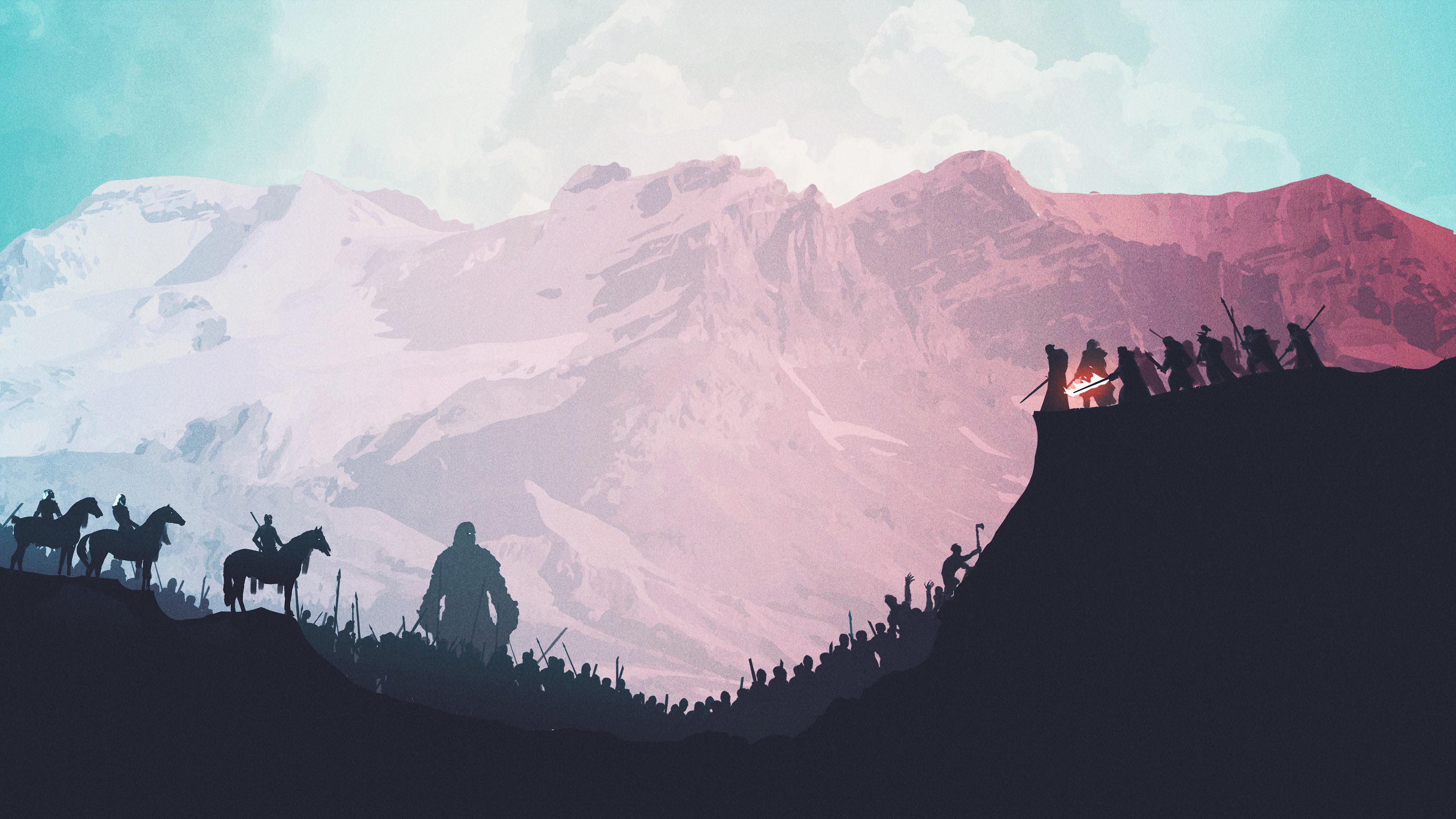 Game of Thrones, Jon Schnee, Reiter, Silhouette, Berge, Rosa Himmel, 3840x2160, Desktop-Hintergrund