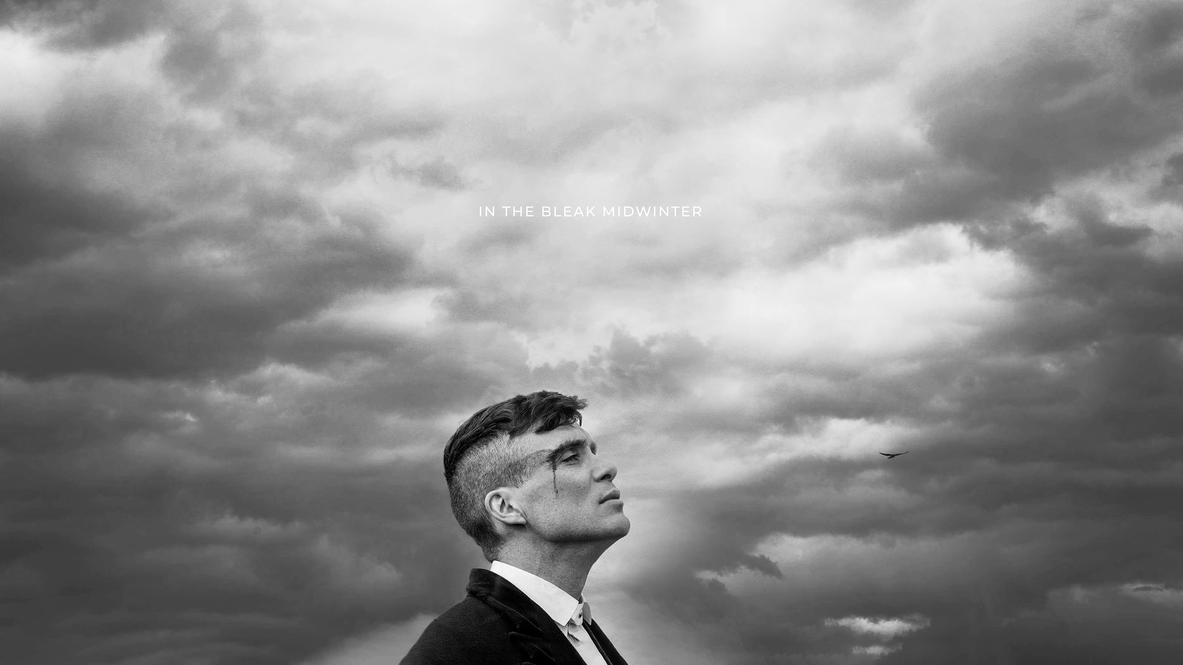 Thomas Shelby, Cillian Murphy, Peaky Blinders, Wolken, Schwarz-Weiß, 4K, Windows-Hintergrundbild