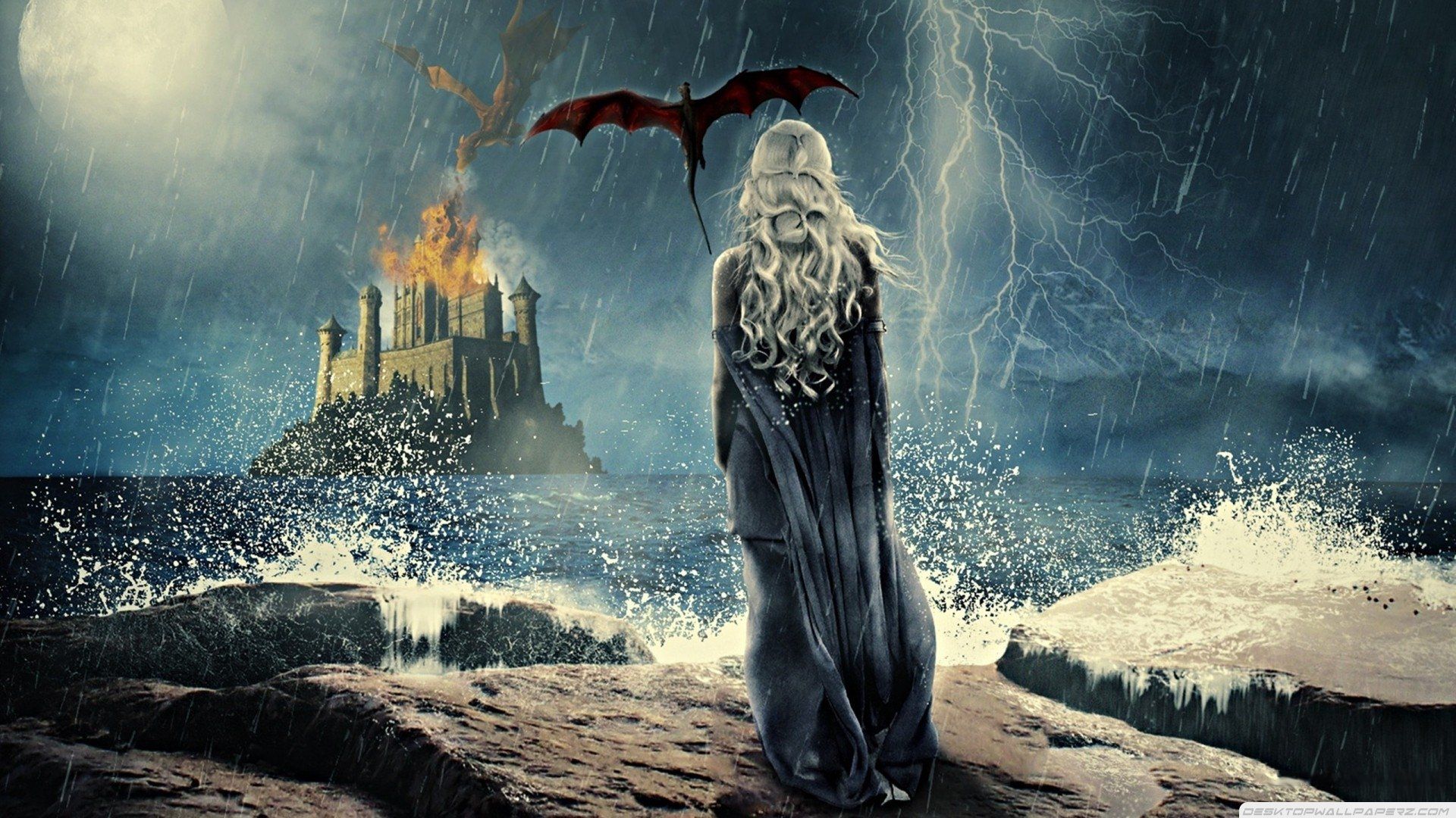 Daenerys Targaryen, Drogon, Drachenstein, Game of Thrones, Sturm, Wellen, Full HD, Windows-Hintergrundbild