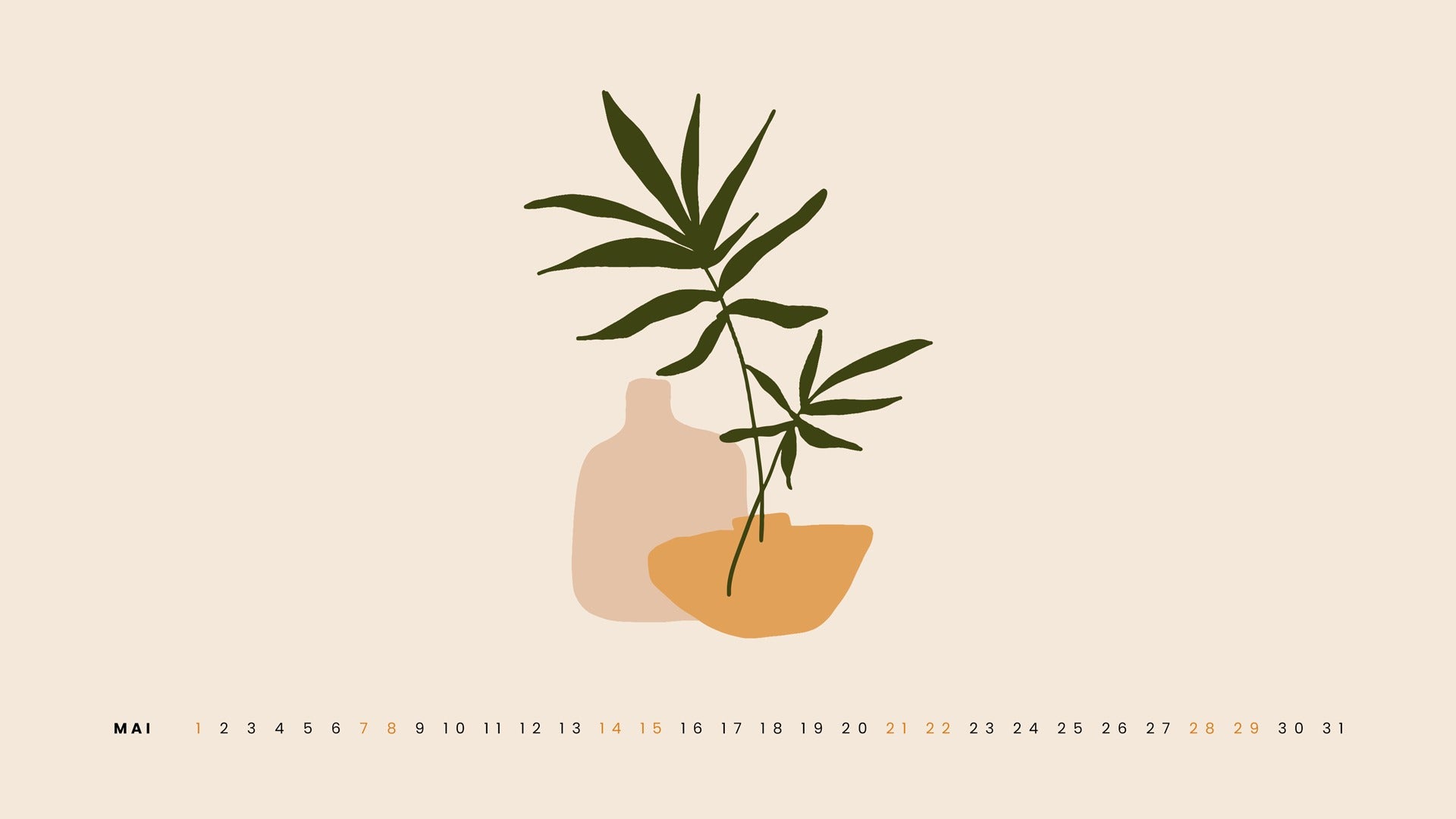 Kalender, Pflanze, Vase, Boho, Beige, 16:9, Full-HD-Hintergrundbild für den Desktop