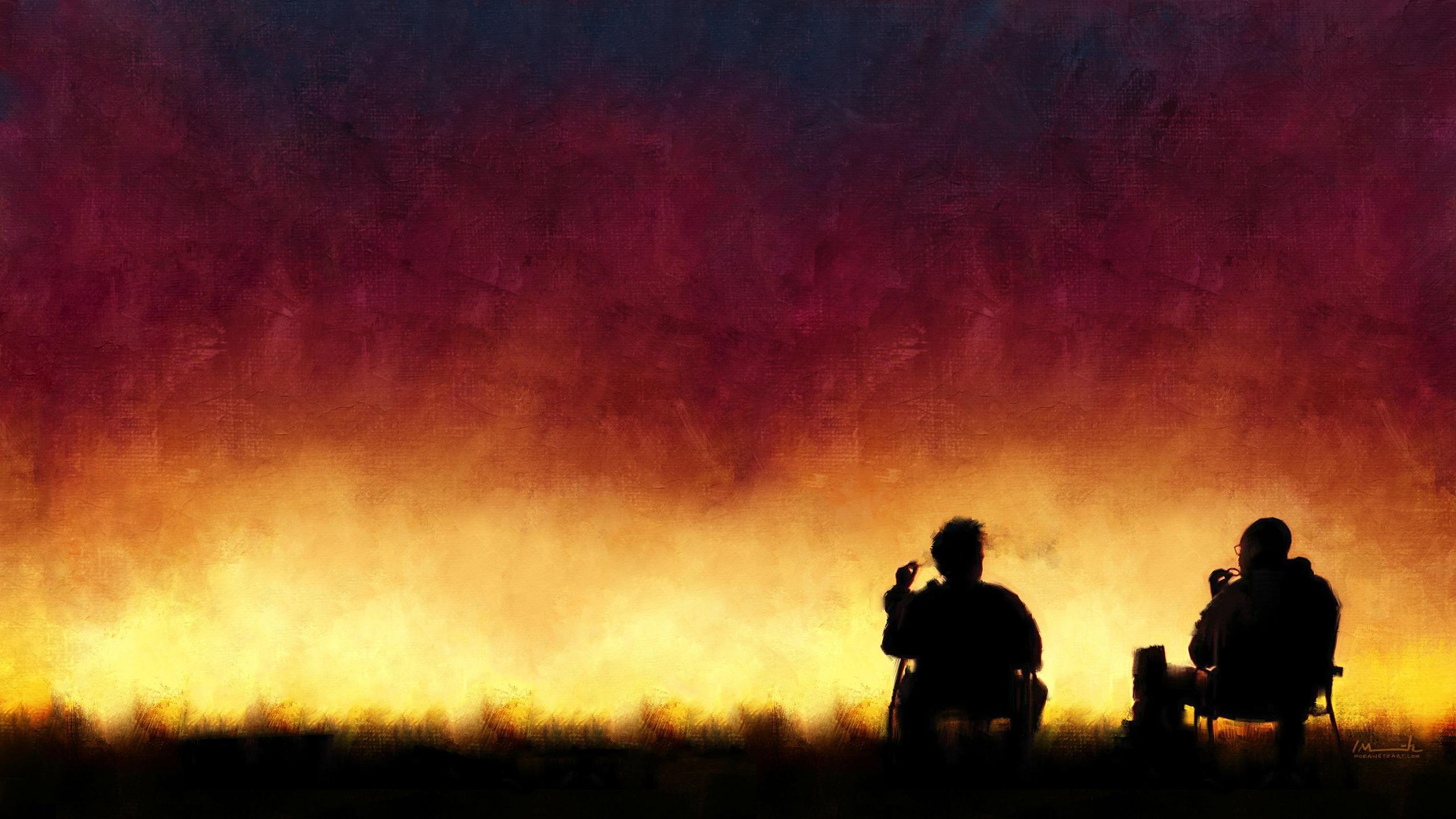 Walter White, Jesse Pinkman, Breaking Bad, Silhouette, Feuerhimmel, 2K, Laptop-Hintergrundbild