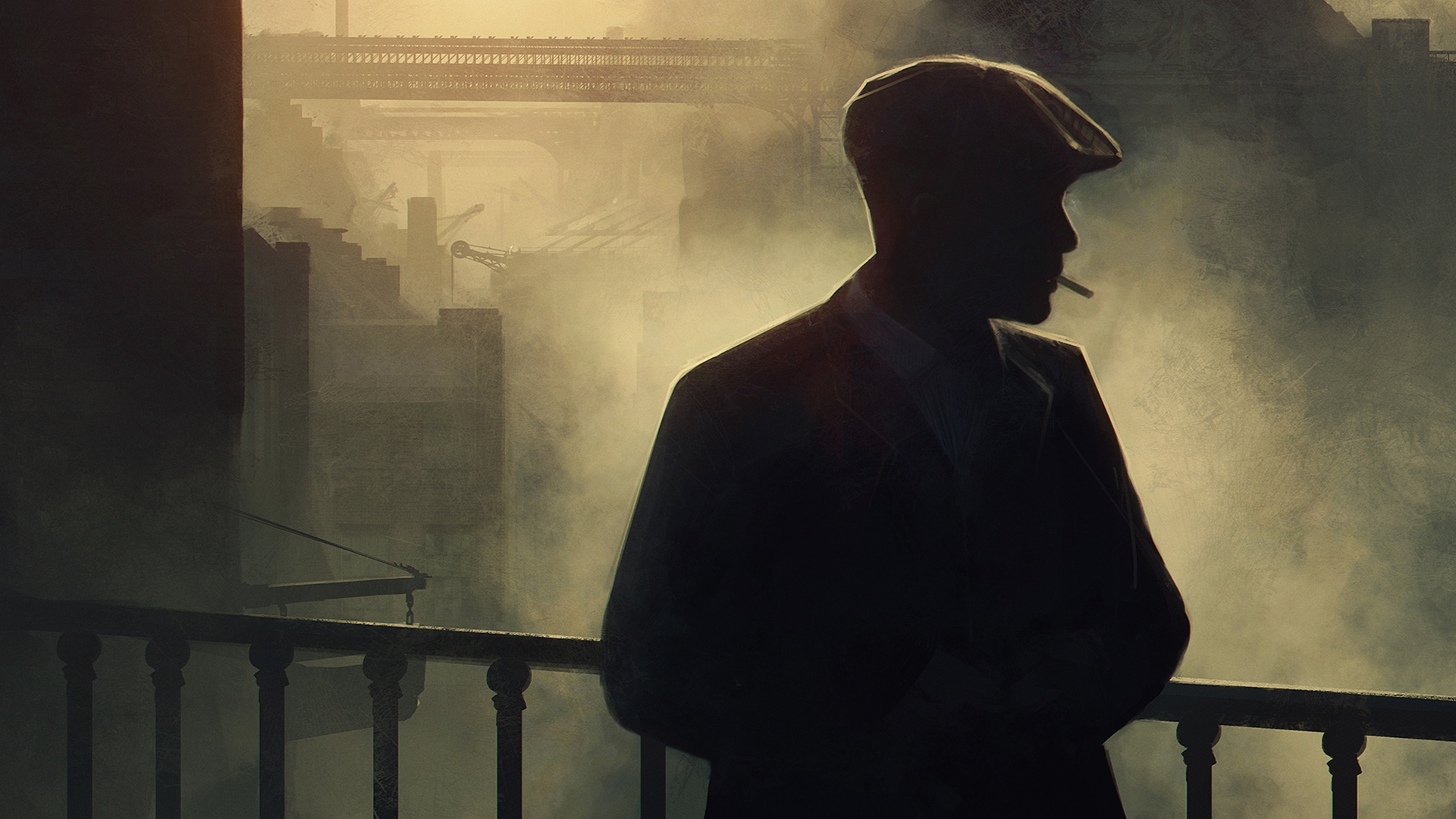 Thomas Shelby, Peaky Blinders, Silhouette, Zigarette, Rauch, Fabrik, Full HD, Windows-Hintergrundbild