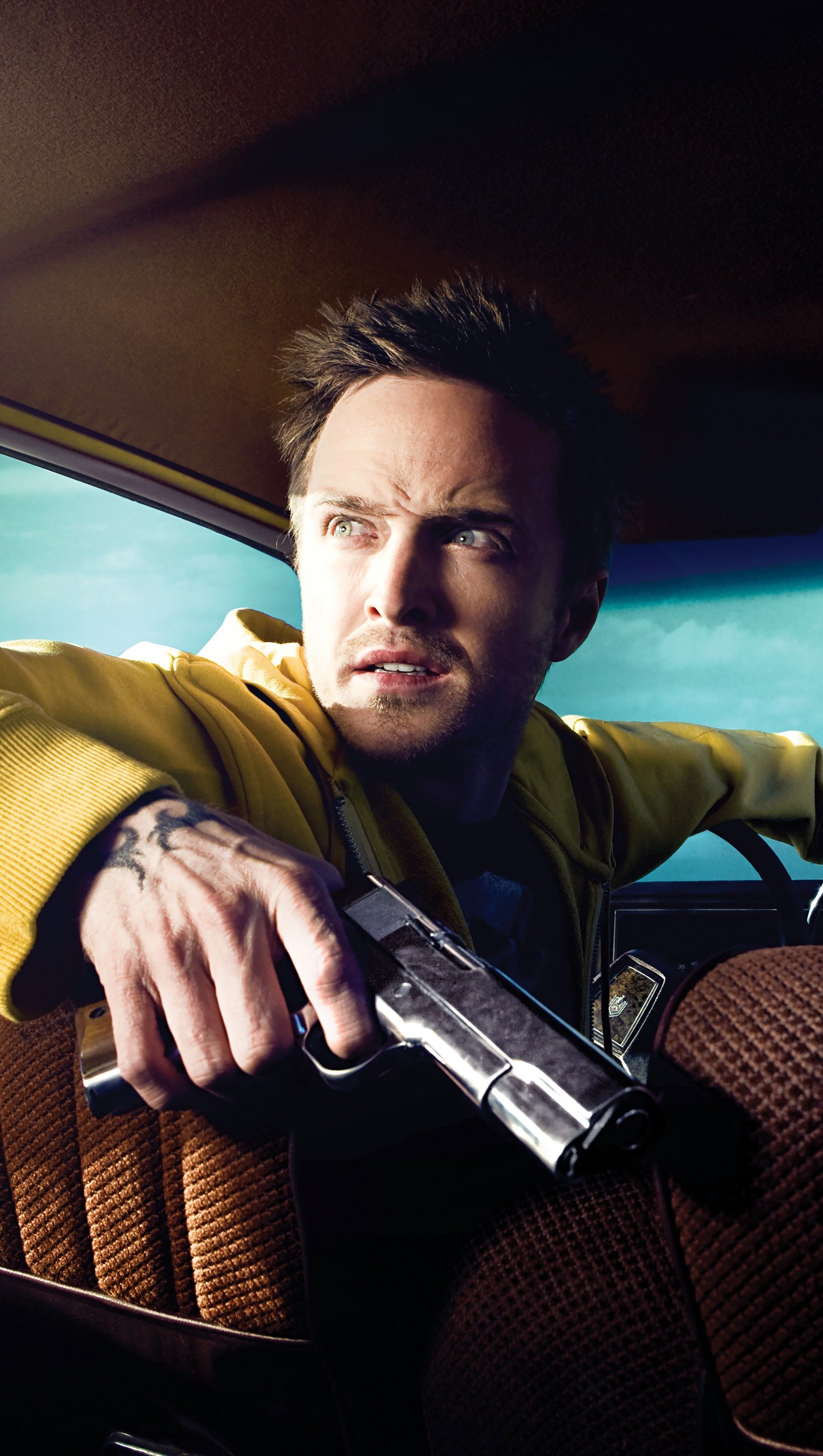 Jesse Pinkman, Aaron Paul, Breaking Bad, Pistole, Auto, QHD+, Hintergrundbild fürs Handy