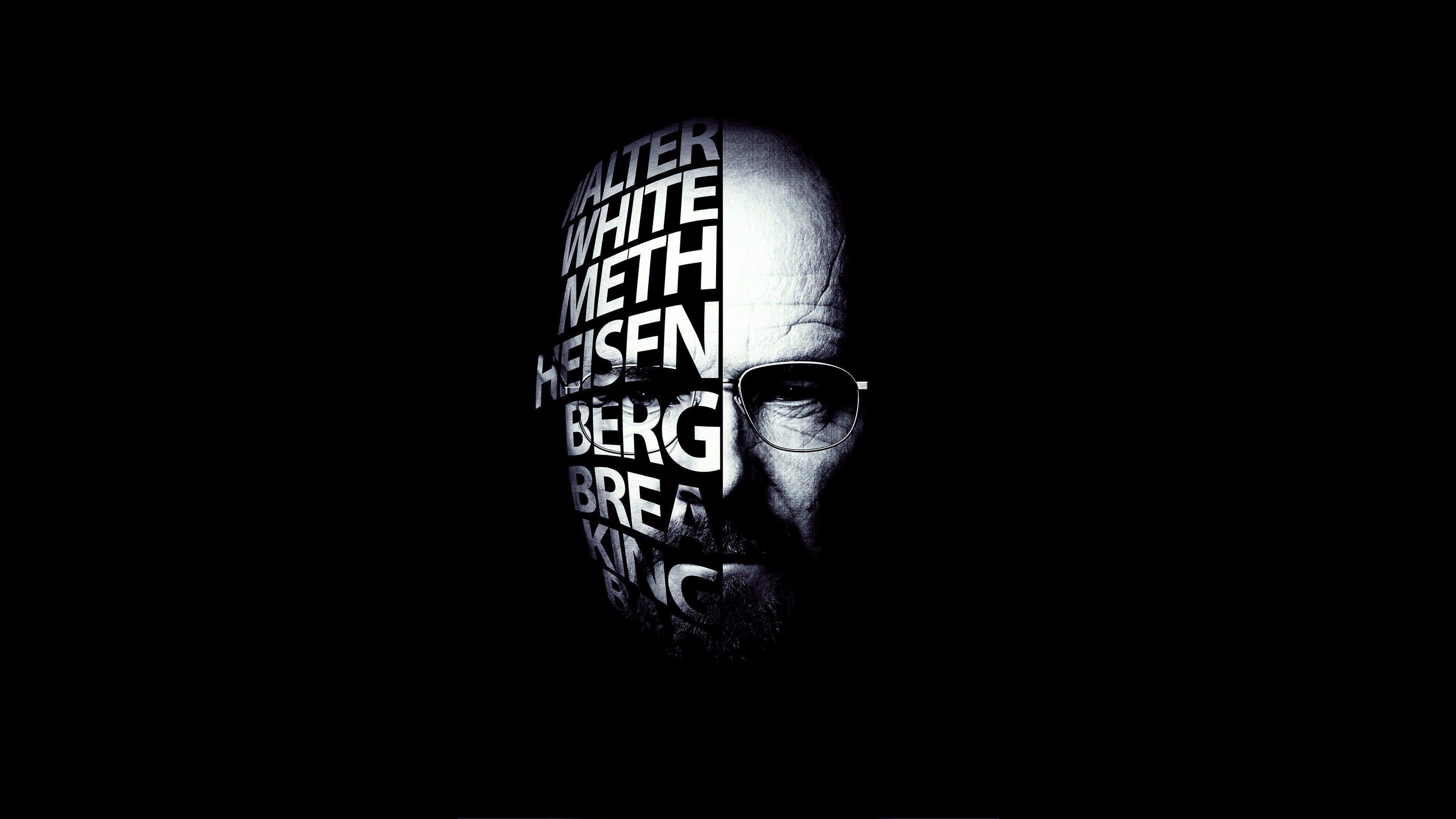 Walter White, Heisenberg, Breaking Bad, Typografie, Schwarzer Hintergrund, 4K Wallpaper