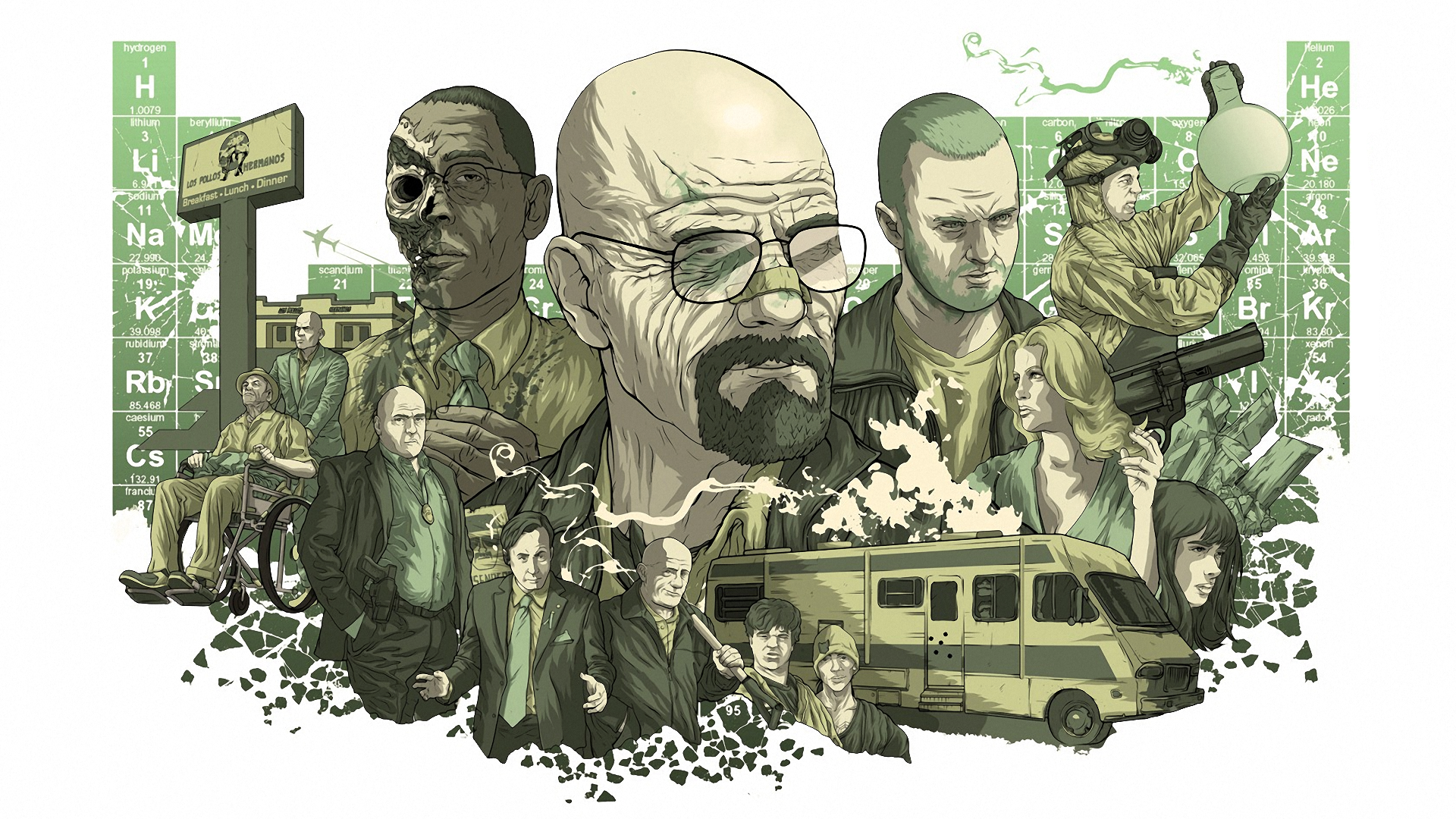 Breaking Bad, Walter White, Gustavo Fring, Jesse Pinkman, Illustration, Wohnmobil, Full-HD-Hintergrund