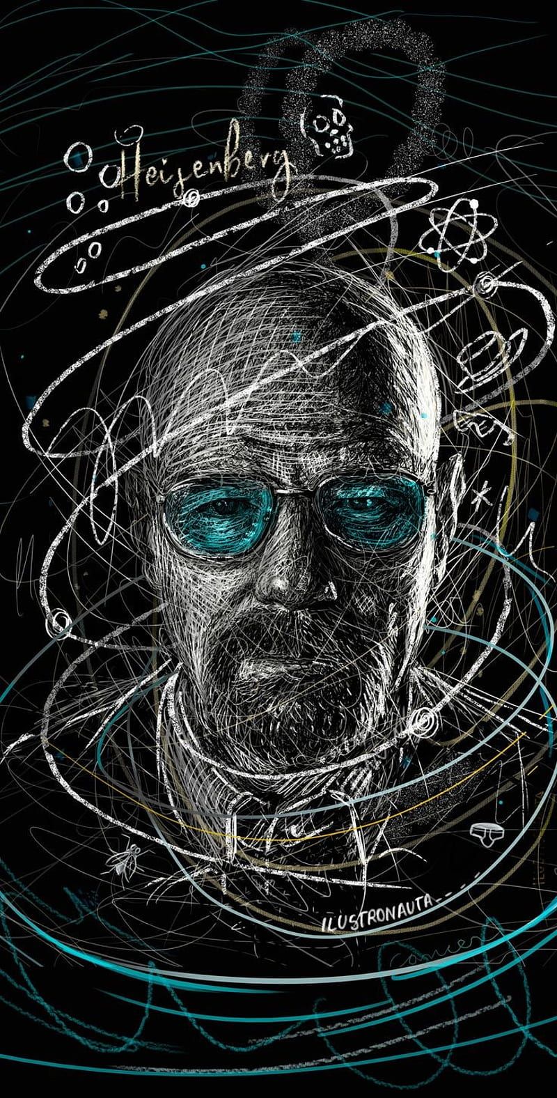 Walter White, Heisenberg, Breaking Bad, Strichzeichnung, Schwarzer Hintergrund, Sperrbildschirm