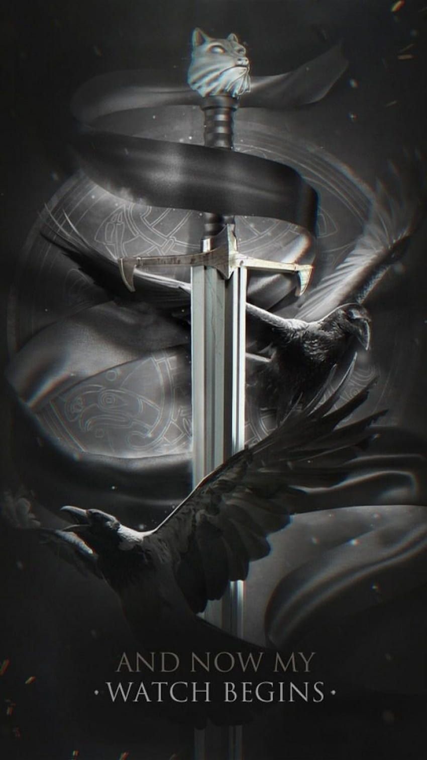 Nachtwache, Schwert, Rabe, Game of Thrones, Schwarzweiß, HD, Handy-Hintergrundbild