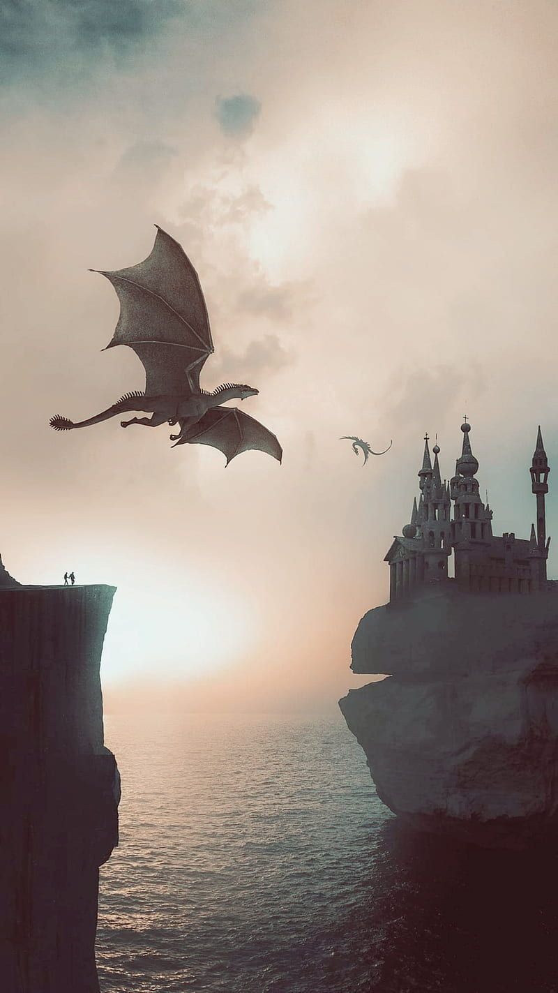 Drache, Game of Thrones, Burg, Nebel, Hochformat, Hintergrundbild für iPhone und Android