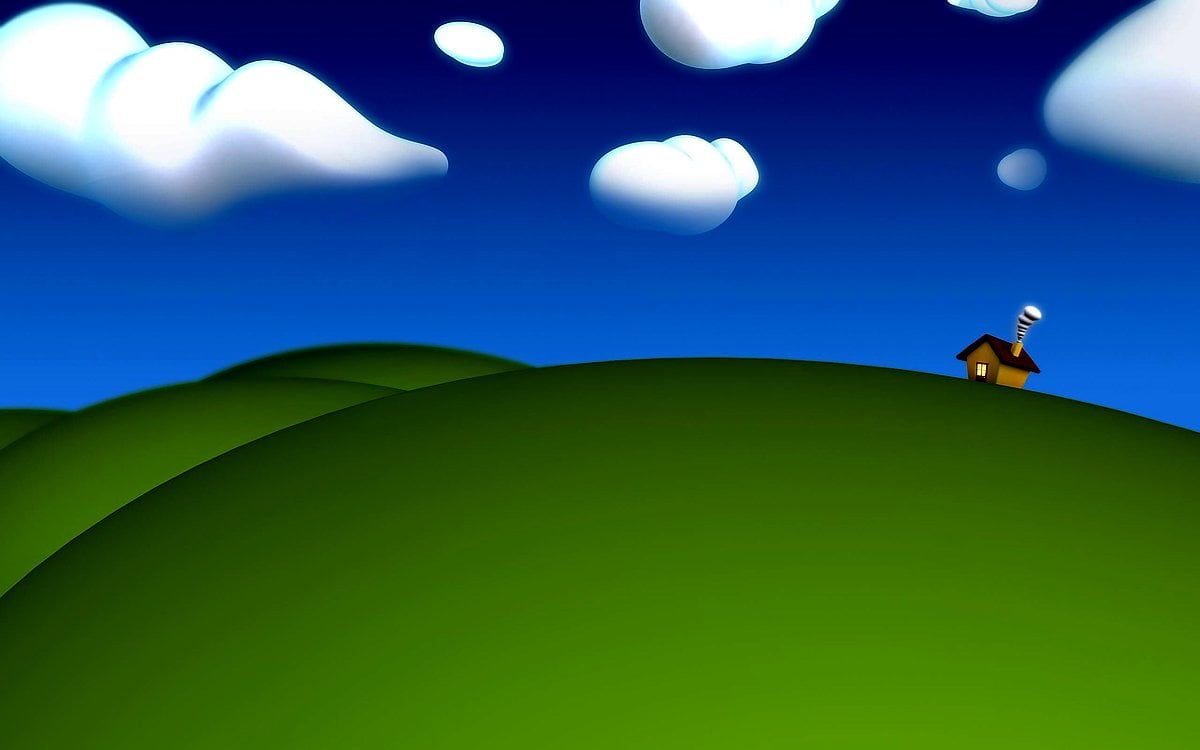 Grüne Hügel, Cartoon, Blauer Himmel, Wolken, Haus, Hintergrund