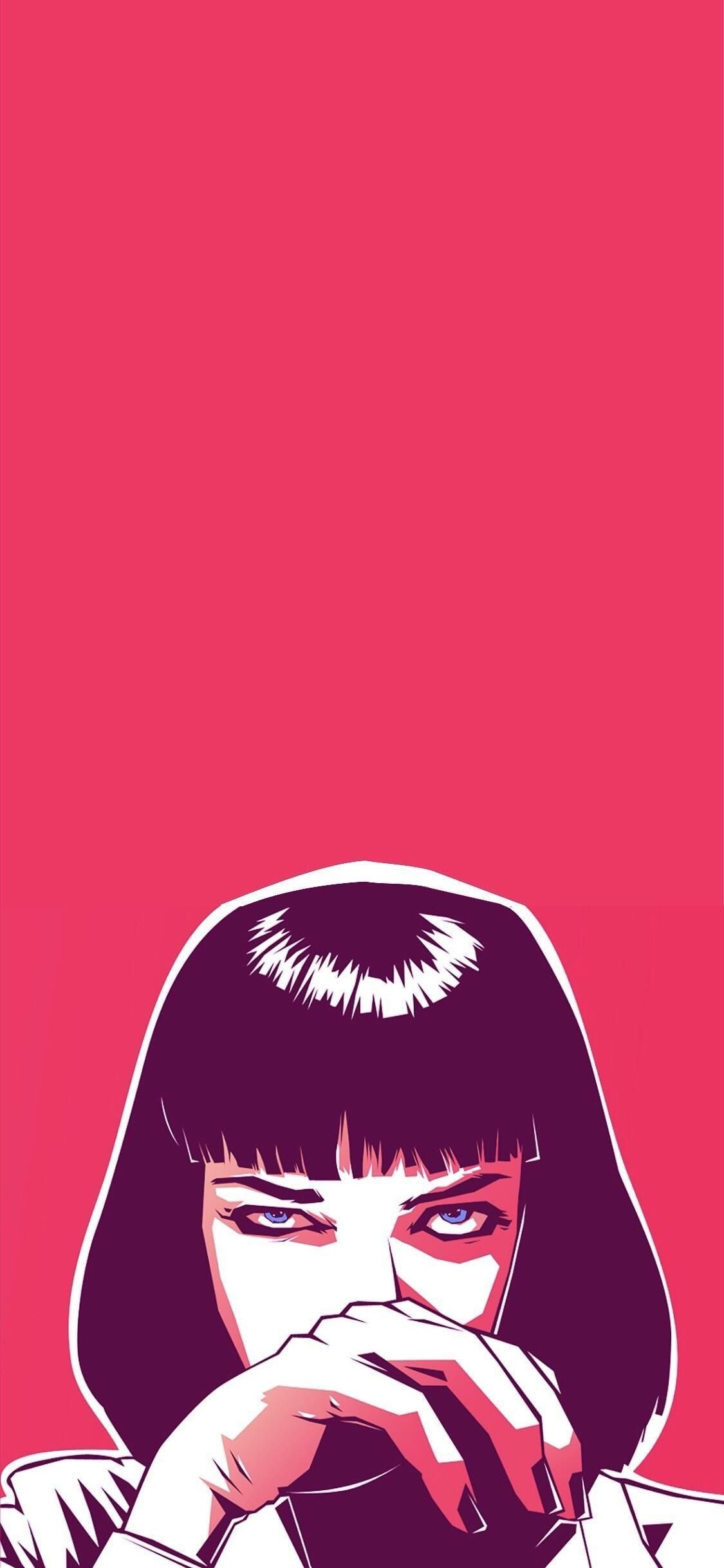 Mia Wallace, Pulp Fiction, Illustration, Pinker Hintergrund, Pop Art, Sperrbildschirm fürs iPhone
