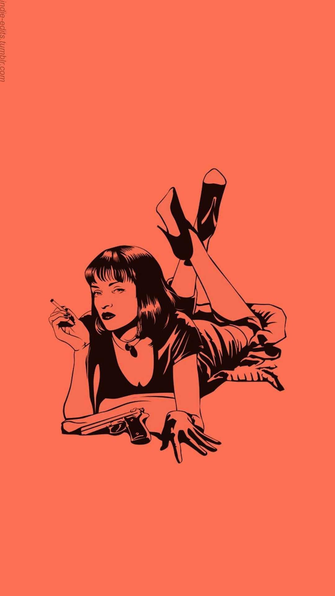 Mia Wallace, Pulp Fiction, Strichzeichnung, Oranger Hintergrund, Filmplakat-Pose, Sperrbildschirm