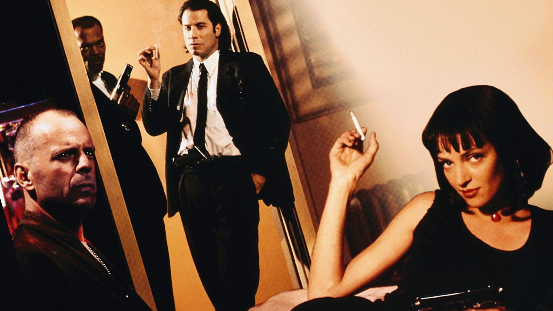 Mia Wallace, Vincent Vega, Butch Coolidge, Uma Thurman, John Travolta, Bruce Willis, Pulp Fiction, Collage, Full-HD-Hintergrund
