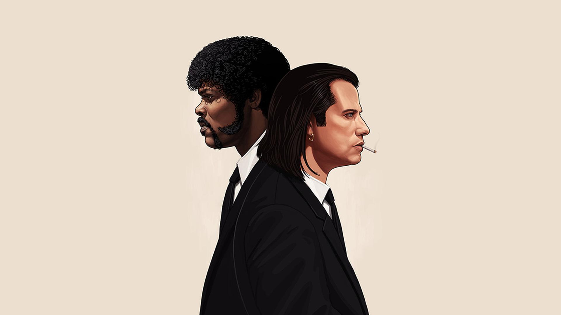 Jules Winnfield, Vincent Vega, Pulp Fiction, Illustration, Anzüge, Beiger Hintergrund, 1080p Wallpaper