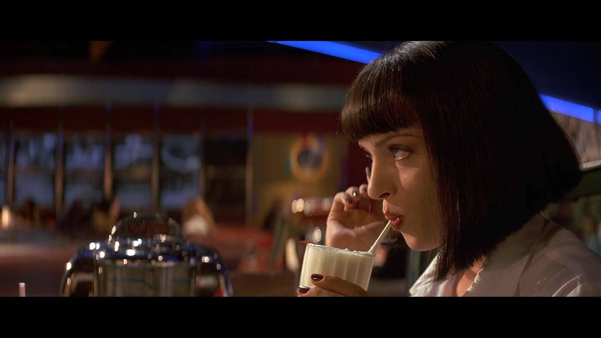 Mia Wallace, Uma Thurman, Jack Rabbit Slim's, Milchshake, Diner, Filmszene, Full HD, PC-Hintergrundbild