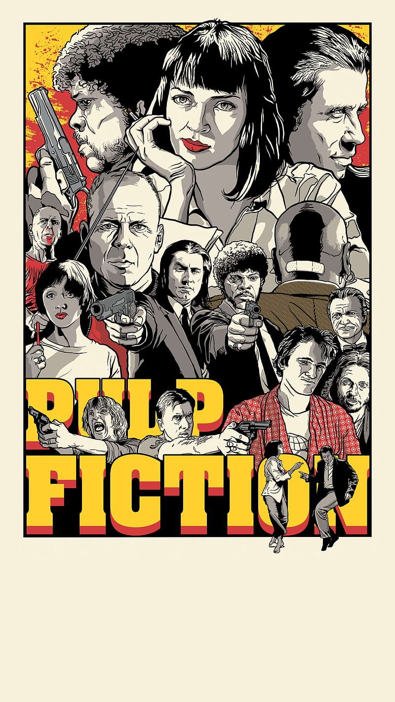 Pulp Fiction, Mia Wallace, Jules Winnfield, Vincent Vega, Filmplakat, Comic-Stil, Handy-Hintergrund