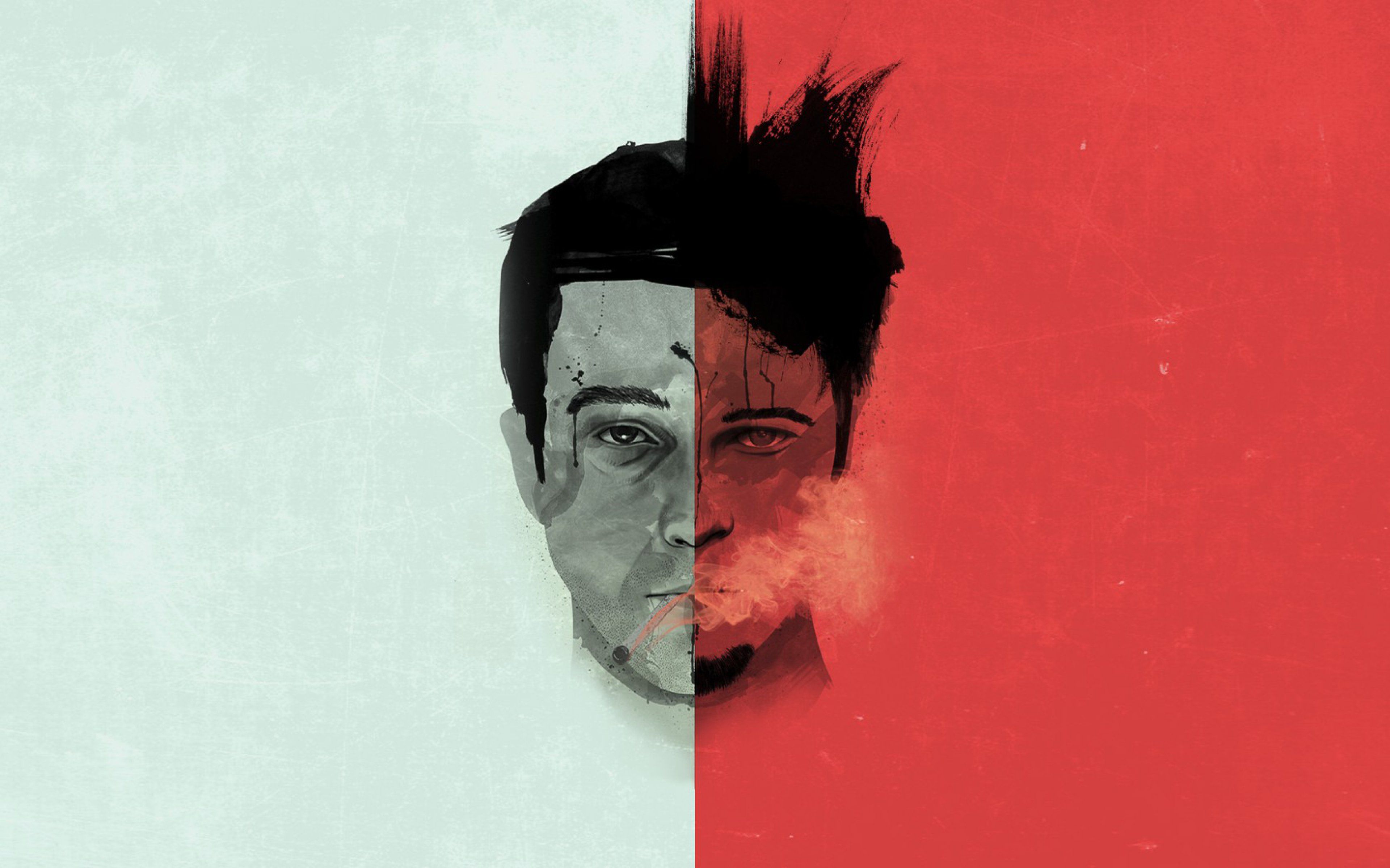 Fight Club, Tyler Durden, Der Erzähler, Geteiltes Gesicht, Rauch, Minimalismus, 4K-Desktop-Hintergrund
