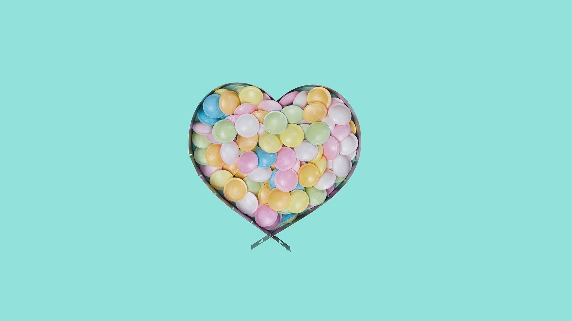 Herz, Bonbons, Pastellfarben, Mintgrüner Hintergrund, Minimalismus, Full HD Wallpaper