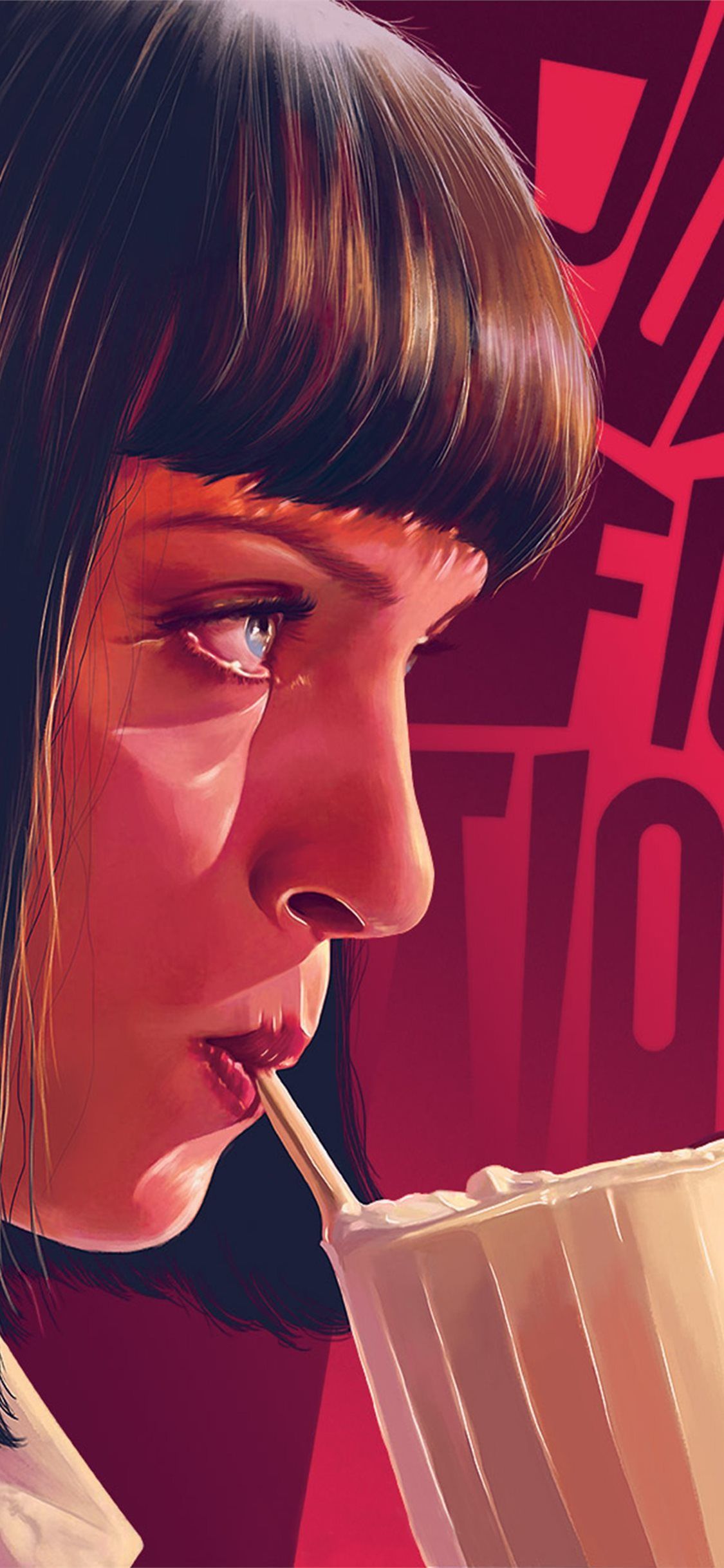 Mia Wallace, Pulp Fiction, Illustration, Milchshake, Rot-Lila, 1125x2436, Handy-Hintergrund